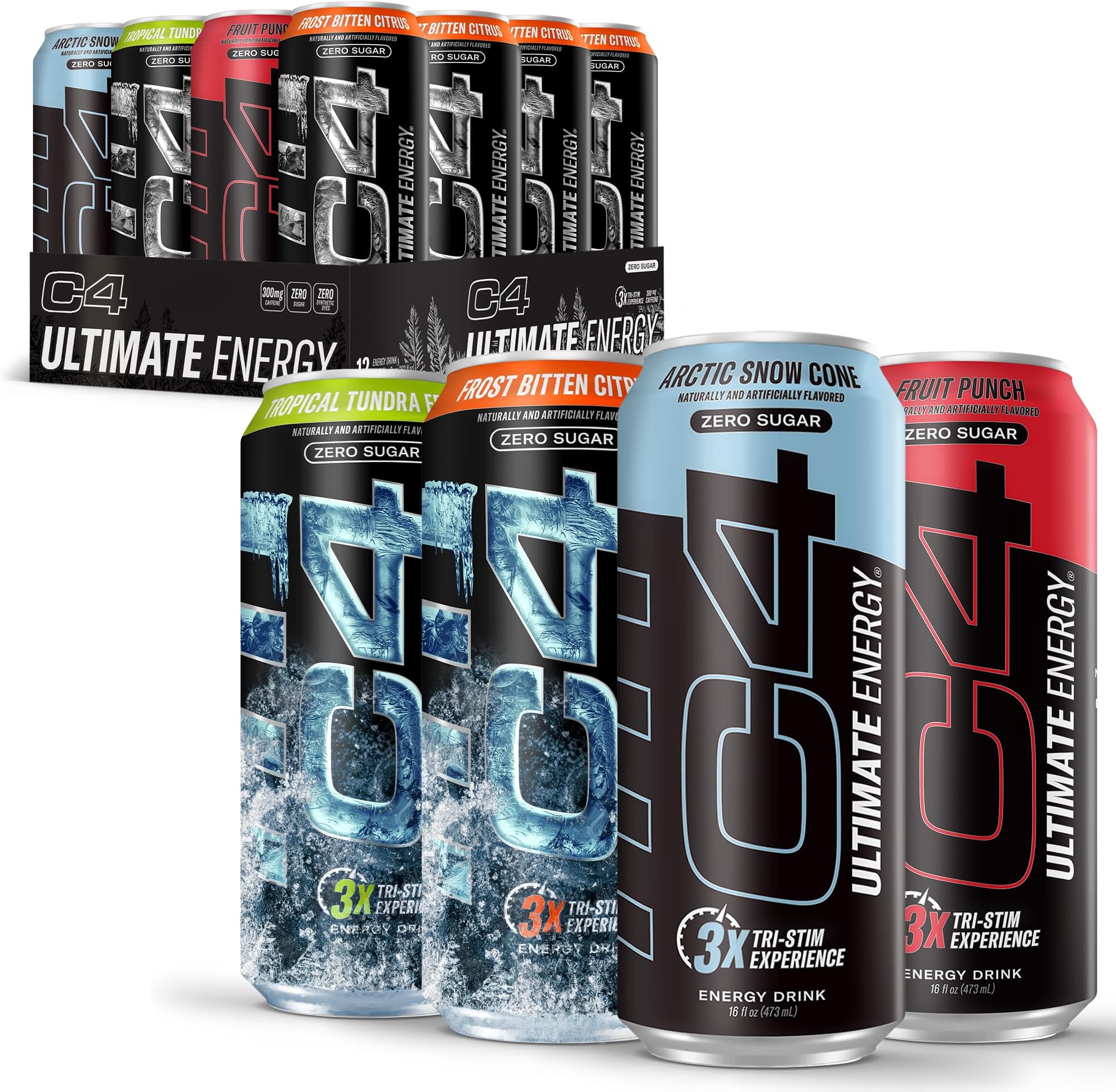 Ultimate Zero Sugar Energy Drink Official Variety Pack, Tri-Stim Experience with 300mg Caffeine + TeaCrine + Dynamine, 16oz (Pack of 12)