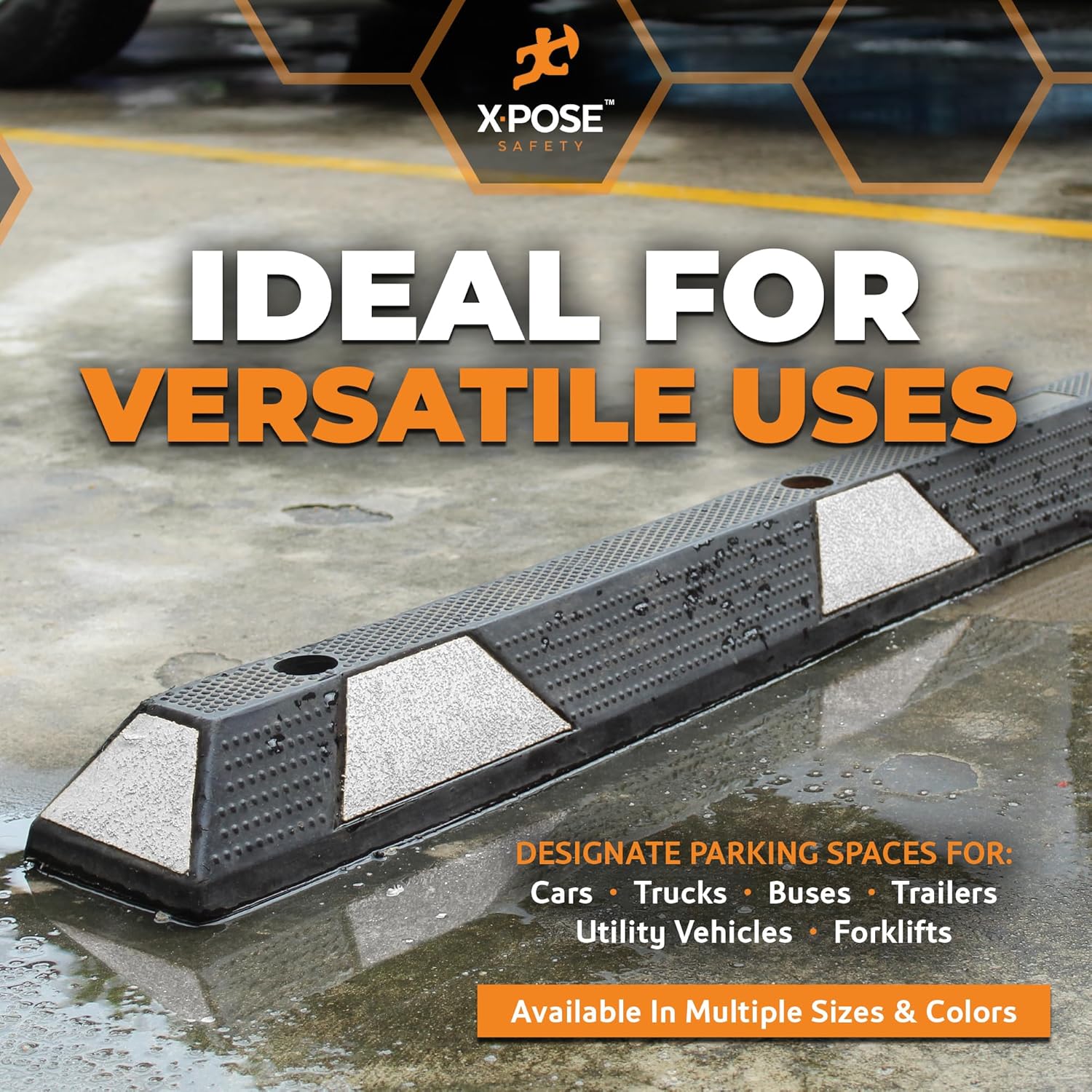 Xpose Safety 72" Heavy Duty Rubber Parking Stopper – 2 Pack Wheel Blocks for Garage, Driveway, or Ramp – Car Bumper Stop with White Reflective Strips – Removable Floor Mount