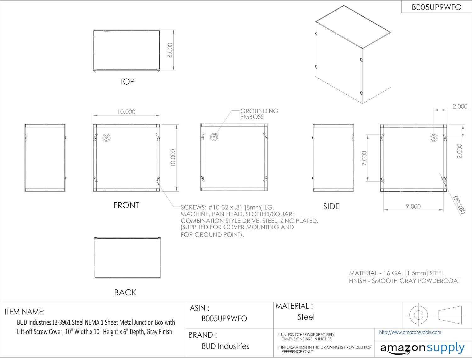 Bud Industries JB-3961 Steel NEMA 1 Sheet Metal Junction Box 10" L x 10" W x 6" D, Gray