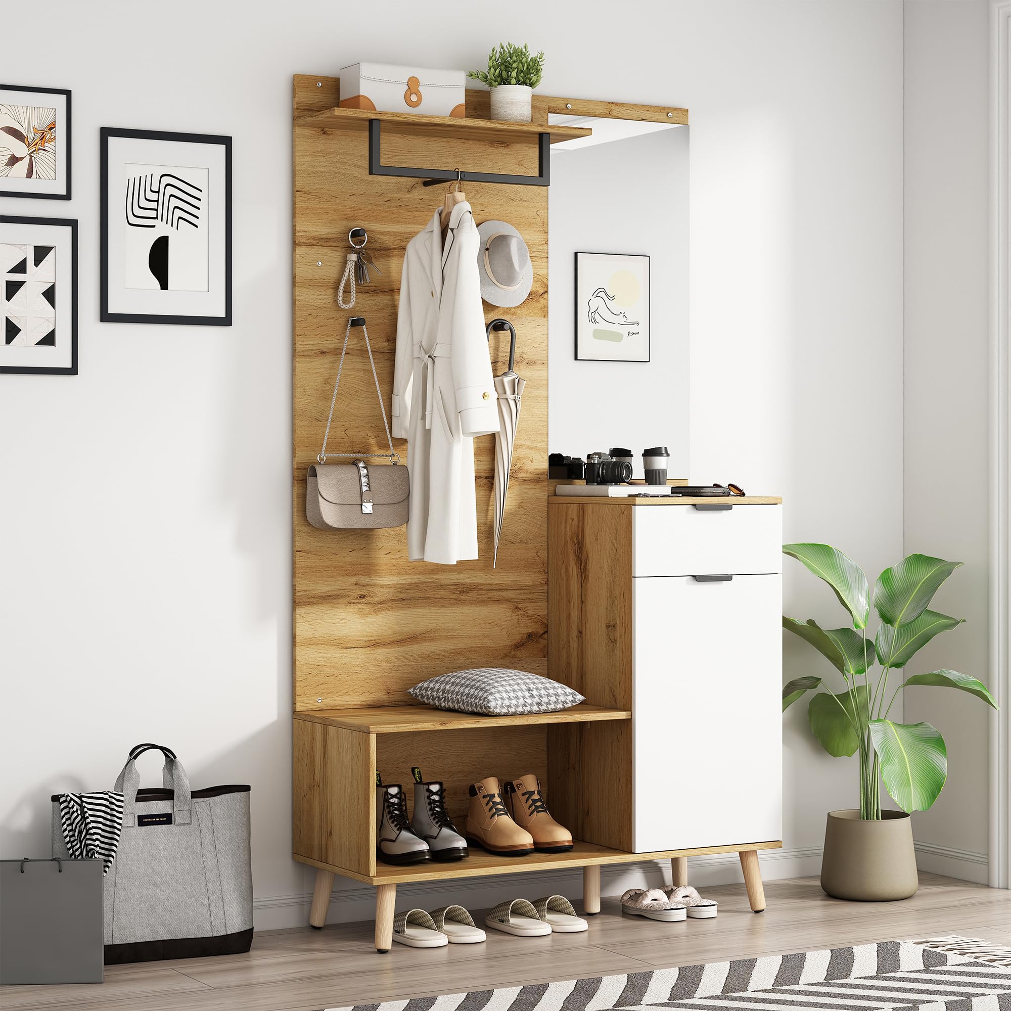HOXINBLY Garderobenständer mit mit Spiegel und Schuhschrank, Flurgarderobe Multifunktion mit hydraulischen Scharnieren und praktischem Stauraum, Oak
