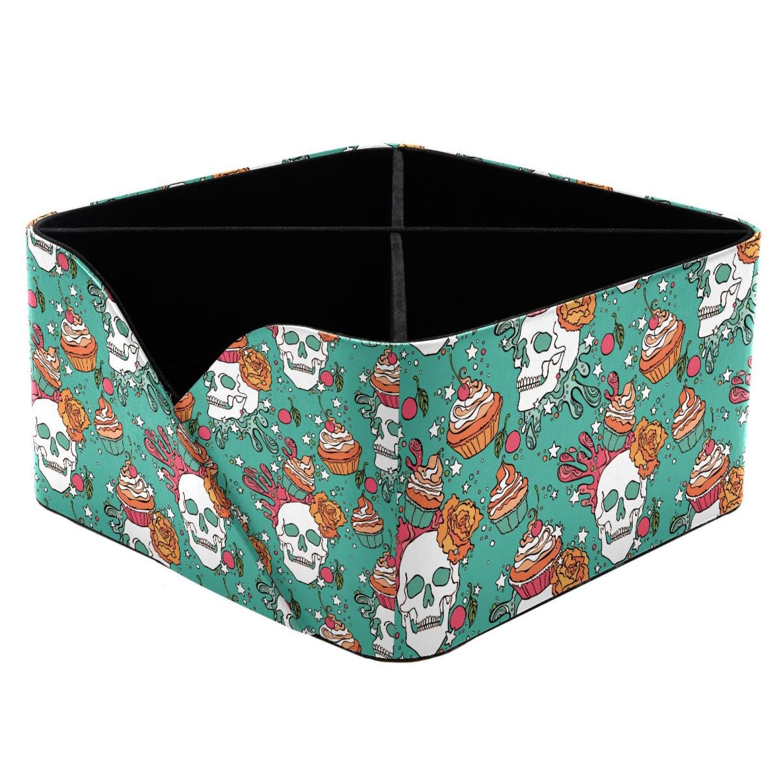 KengjuTesu Skull Cupcake Floral Pattern Desktop Organizer Pen Holder, Rectangular Pencil Cup for Office, Study and Makeup Stations