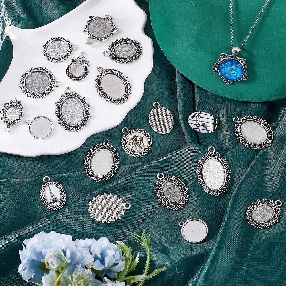 SUNNYCLUE 1 Box 40Pcs Pendant Trays Charm Cabochon Bezels 12mm~18x25mm Round Oval Cabochons Vintage Style Antique Silver Blank Bezel Tray Memorial Photo Charms for Jewelry Making Charms DIY Bouquet - Image 4