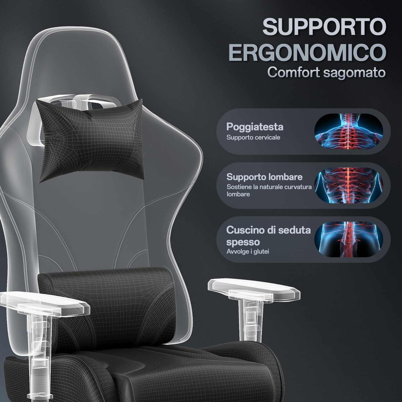 JUMMICO Sedia Gaming Ergonomica ad alto schienale con poggiapiedi estensibile, schienale reclinabile 90–135°, braccioli 2D regolabili, portata massima 150 kg, ideale per gioco e lavoro,Nero