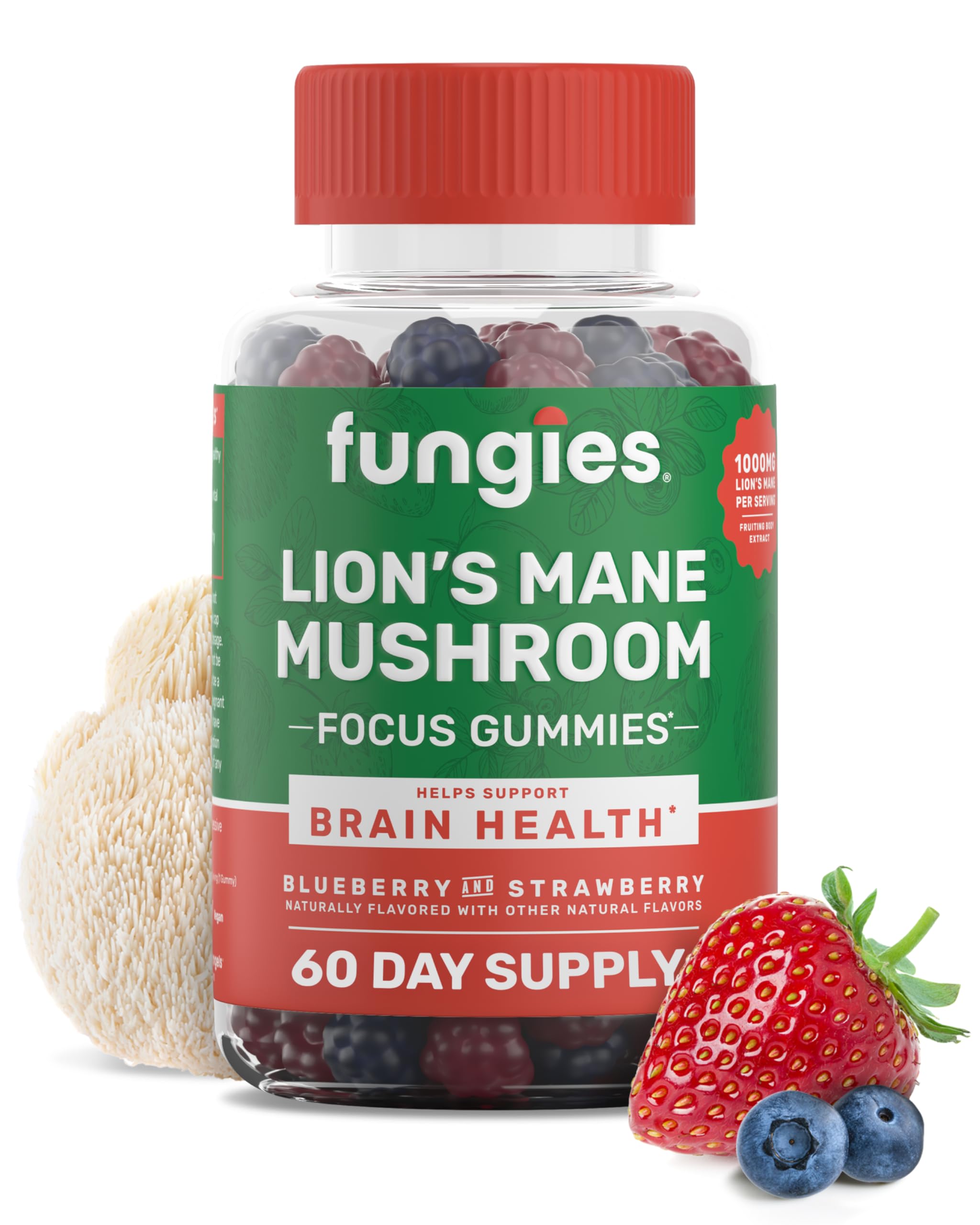 FungiesLion's Mane Mushroom Gummies, Mixed Blueberry & Strawberry Flavor - Mushroom Supplement Gummy for Adults & Children Supports Brain Health, Cognitive Function, Focus, Memory & Mood, 60 Servings