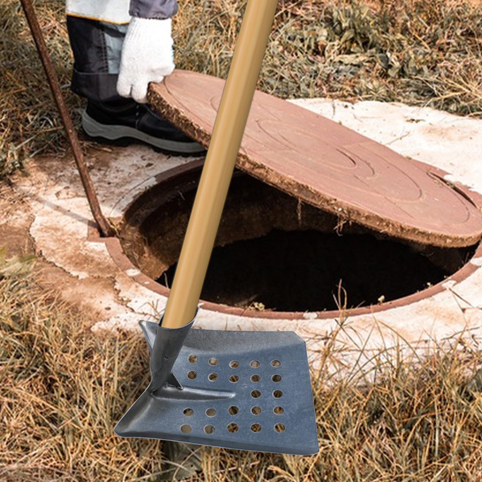 Pala de limpieza de metal para granja, colador de estiércol de aves de corral, pala subacuática, herramientas para limpieza de canales, pala de arena, pala de drenaje (cuadrada)