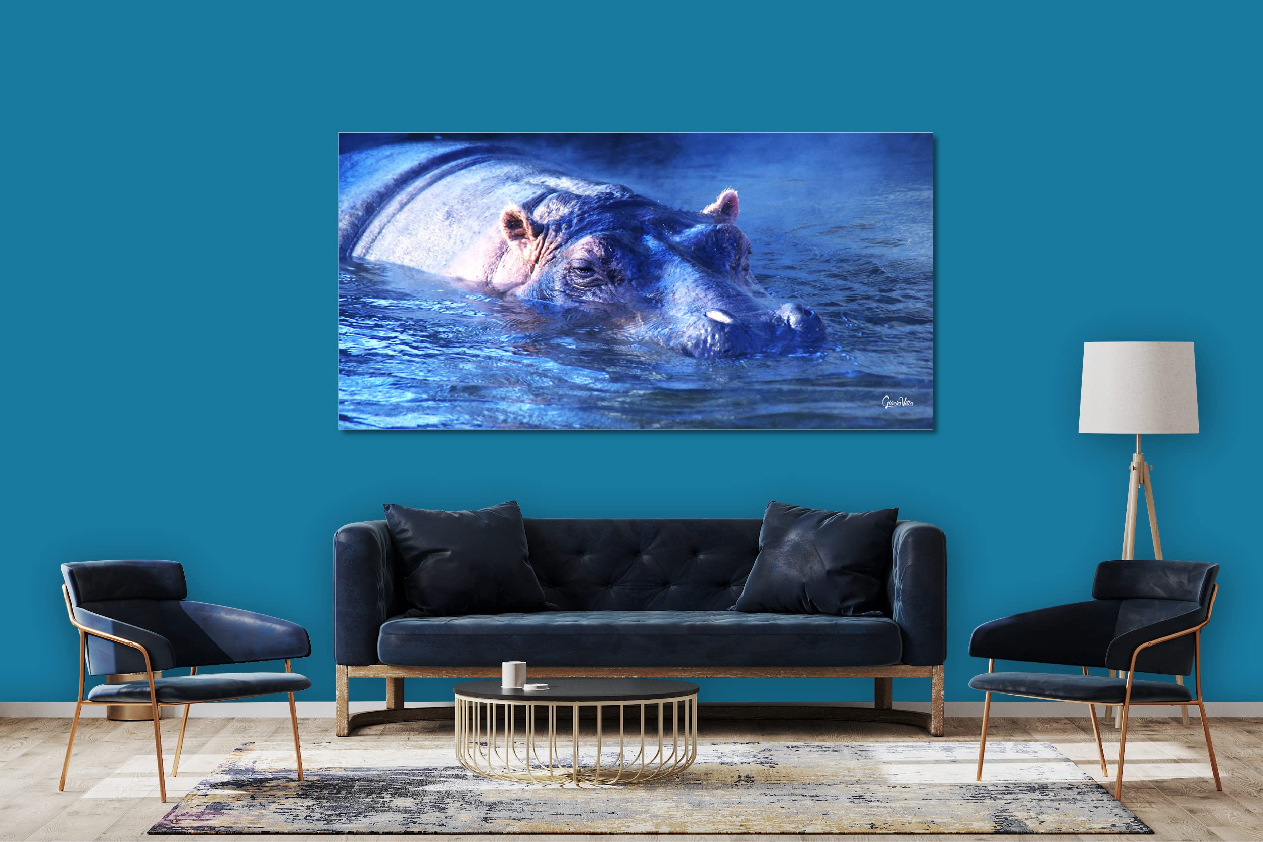 Glücksvilla - Nilpferd 2 (Leinwand-Bild 2 cm, 200 x 100 cm) | div. Maße - aus DE - Kunstdruck Deko Wandbild quer - Wildnis Afrika Natur Tier Hippo