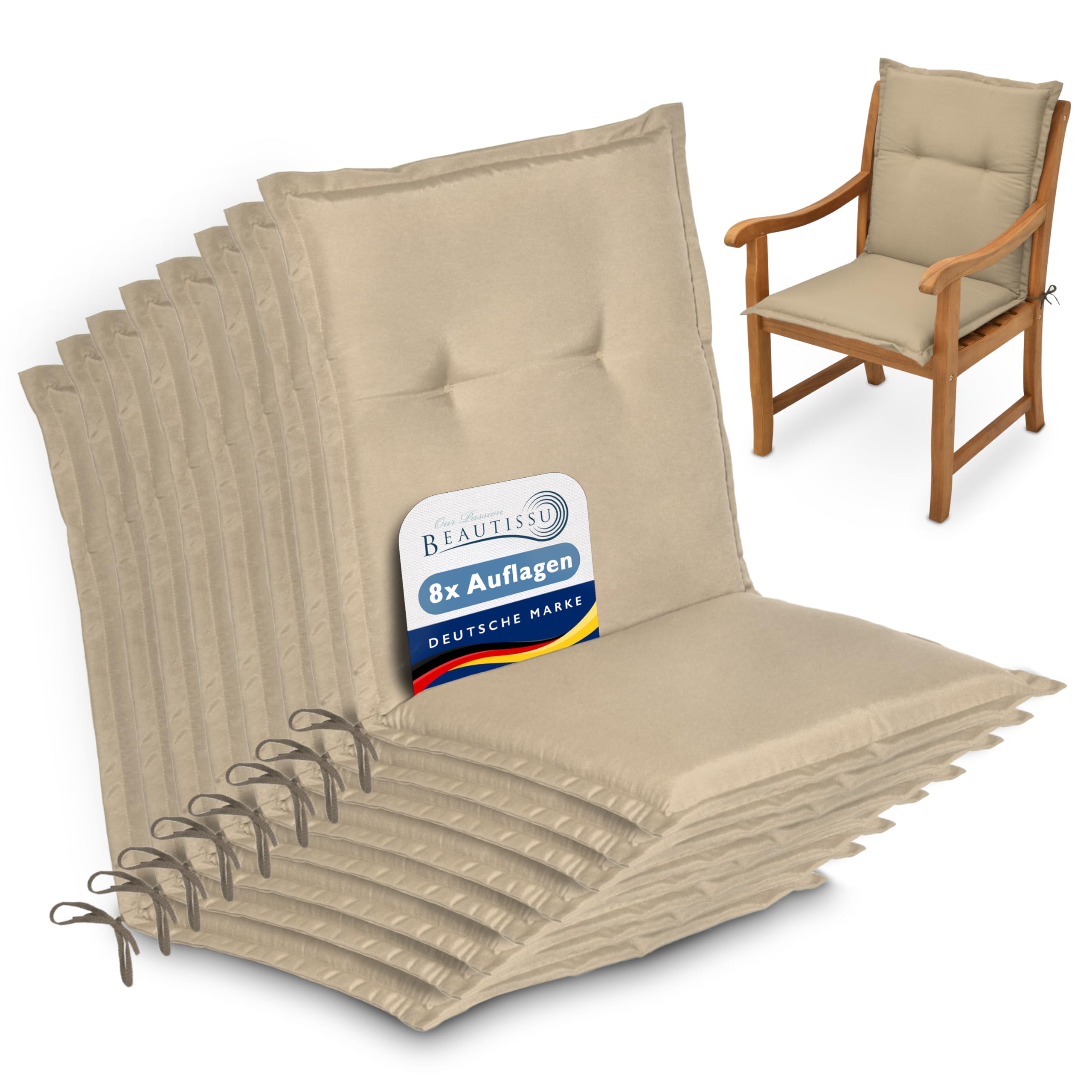 Beautissu Lowback Outdoor Chair Cushions 100x50x6 cm Loft NL - Set of 8 Seat Cushions for Garden Chairs with Backs Recliner Patio Chair Sunbed Bench - Natural โ image 1