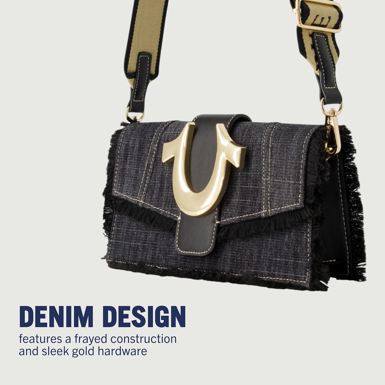 True Religion Women's Crossbody Bag, Mini Adjustable Shoulder Handbag Flap Purse with Logo Strap, Black - Image 3