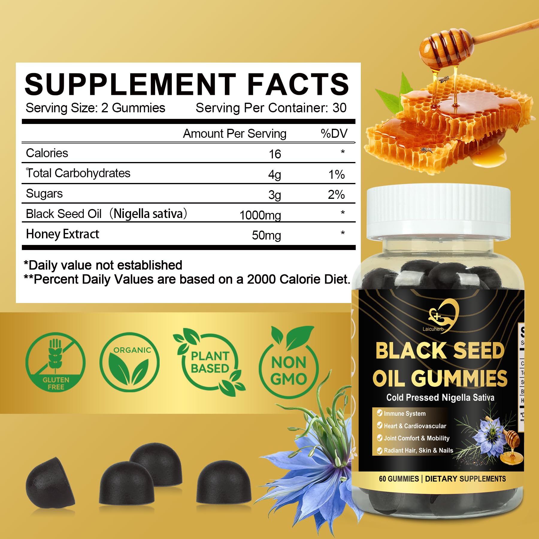 Black Seed Oil Gummies for Women 1000mg, 2% Thymoquinone Cold Pressed Nigella Sativa Extract – Black Cumin Seed Oil Supplement, Omega 3 6 9 for Daily Wellness, Hair & Skin Support – 60 Gummies — Amazon image 2