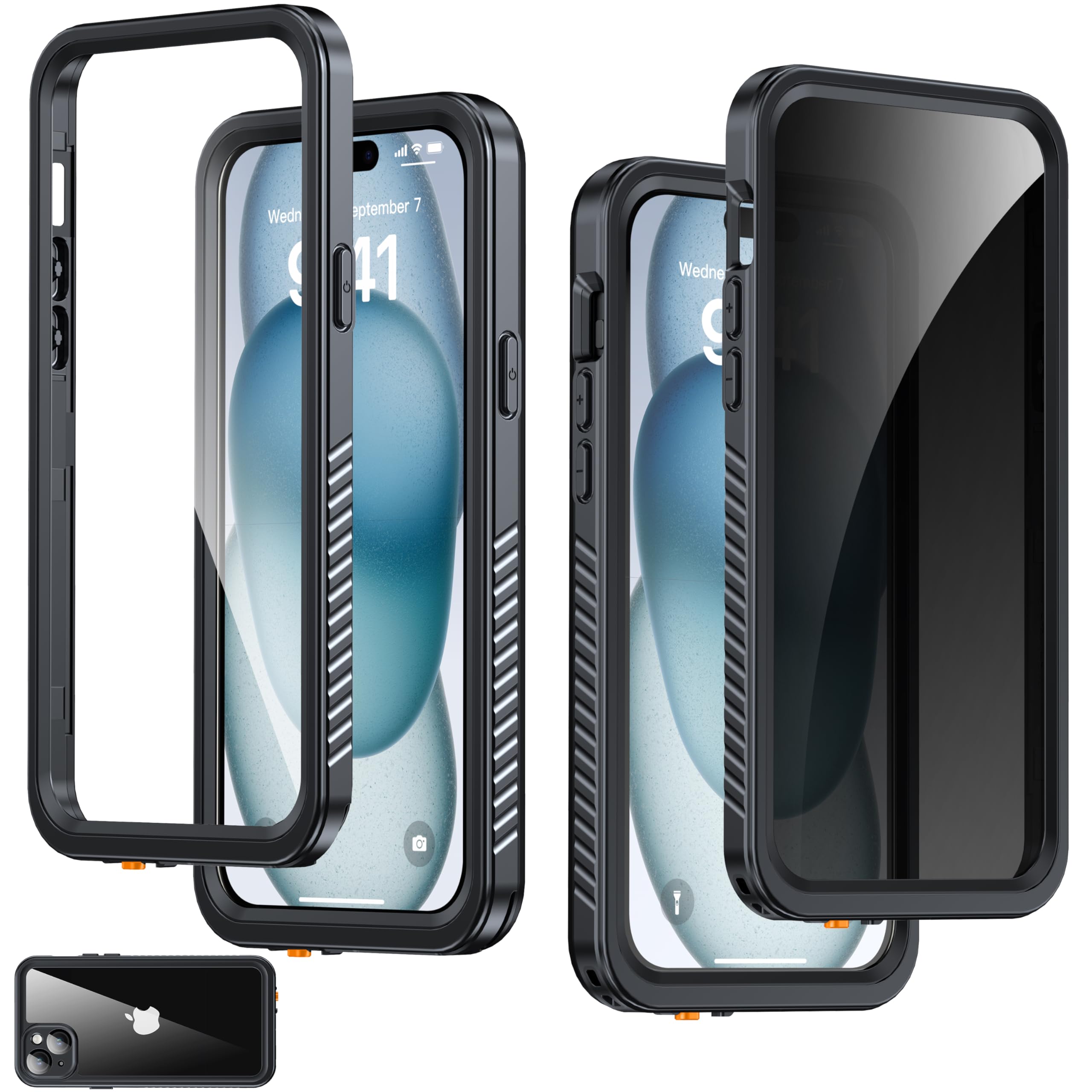 AMILIFECASES for iPhone 15 Plus Case IP68 Waterproof, Black | Built-in Privacy Screen Protector & HD Screen Protector Shockproof Dustproof Full Body