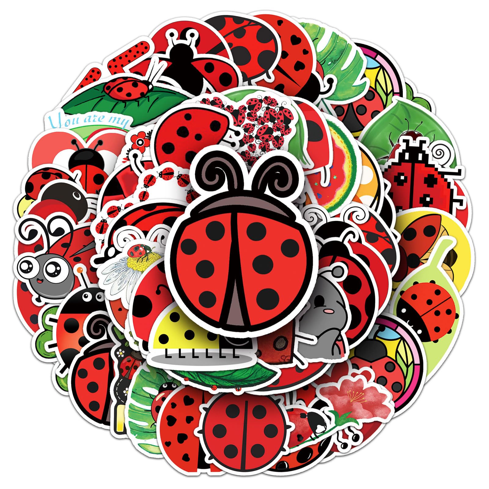 50 Pcs Cute Ladybug Stickers - Waterproof Vinyl Ladybug Decals with Love/Fruit Motifs for Skateboard, Laptop, Fridge & Luggage (Assorted Adorable Ladybug Designs)(Ladybug)