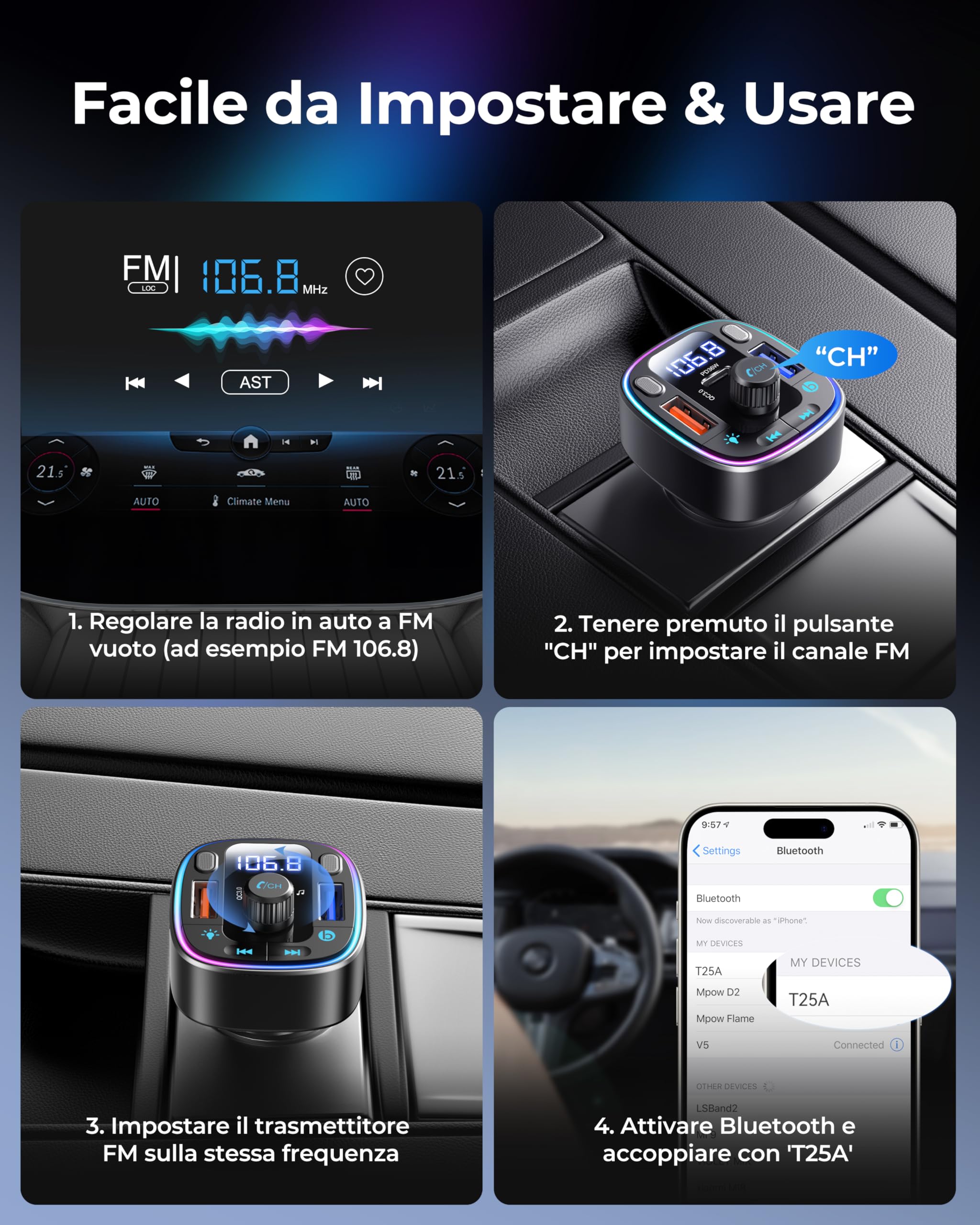 LENCENT Trasmettitore FM Bluetooth 5.4, Accendisigari Auto Radio, 54W USB Ricarica Rapida (PD 36W & QC3.0), Bluetooth FM Musica, Chiamate Vivavoce, Doppio Microfono e Chiavetta USB