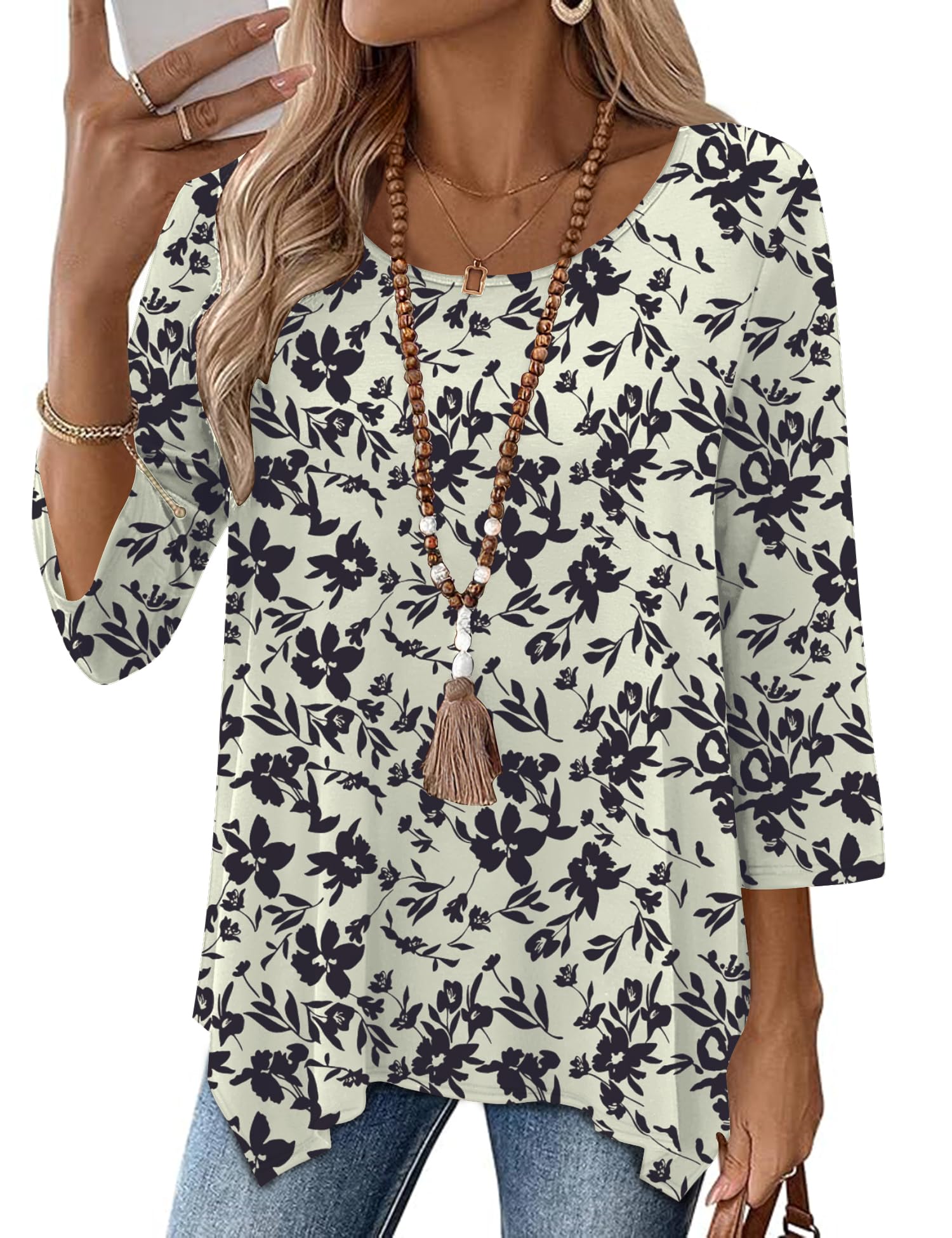 AKEWEI 3/4 Length Sleeve Womens Tunic Tops Loose Fit Blouses Dressy Casual Crew Neck Tees S-2XL Apricot Black Floral 3X-Large