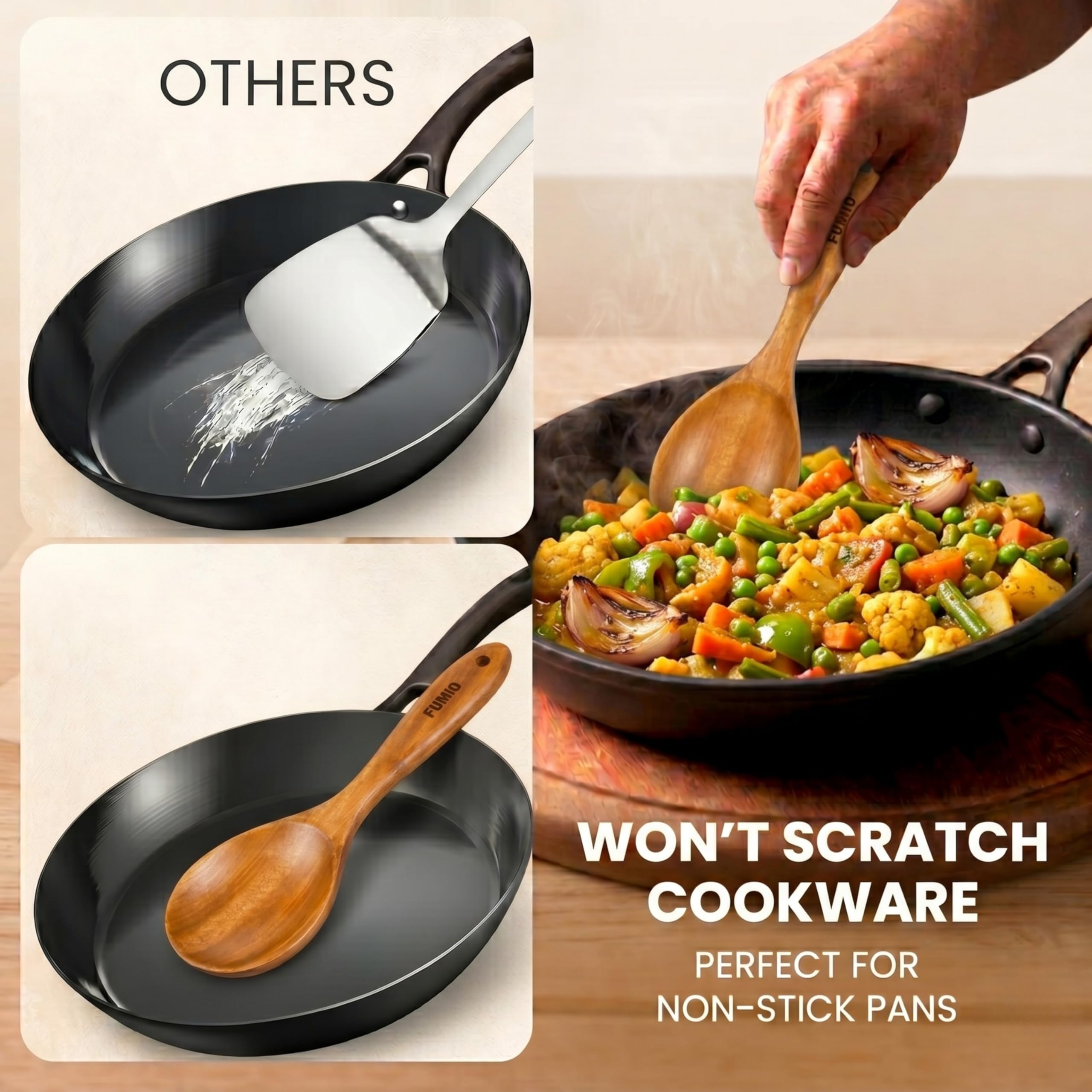 Juego de utensilios de cocina de madera de neem, cuchara ranurada, espátula plana, kit de espátula wok, utensilios de cocina antiadherentes, sartén, sartén, olla, utensilios de cocina de madera, juego