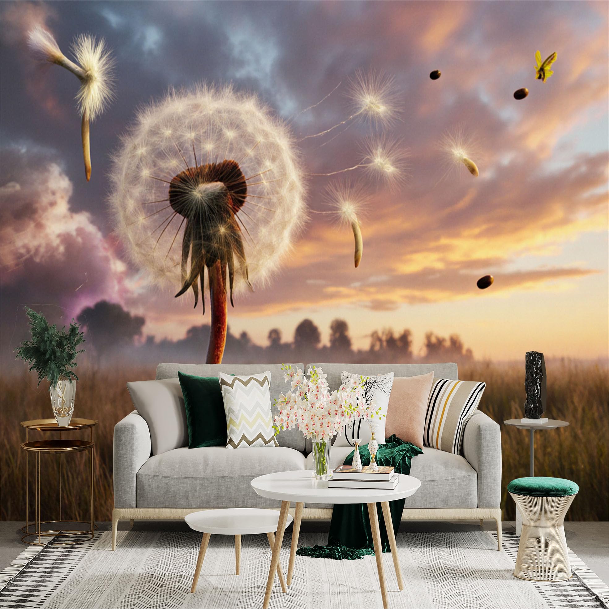 Lnzczhyre Xc260505440 Custom Size Wall Sticker Mural， Dandelion In Wind， Floating Seeds At Sunset， Nature Landscape， Serene Field Scene， For Wall Decoration， Peelandstick Wall Decals.