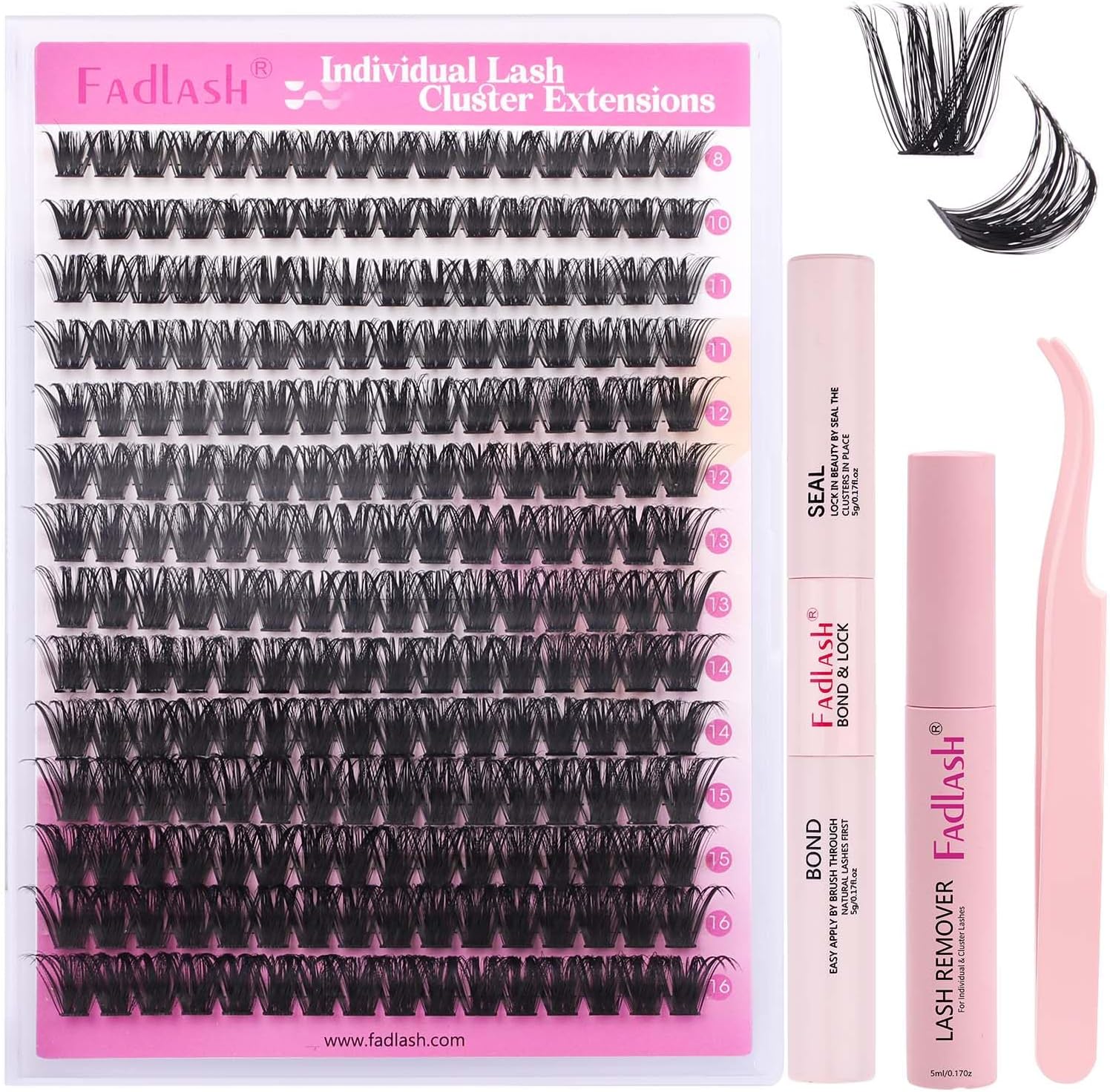 Eyelashes Eyelash Extensions, FADLASH Mixed 8-16 mm with Eyelash Glue Permanent, Eyelash Tweezers and Eyelash Remover, DIY 100D for Natural Home (100D Kit) Eyelash Extension Set