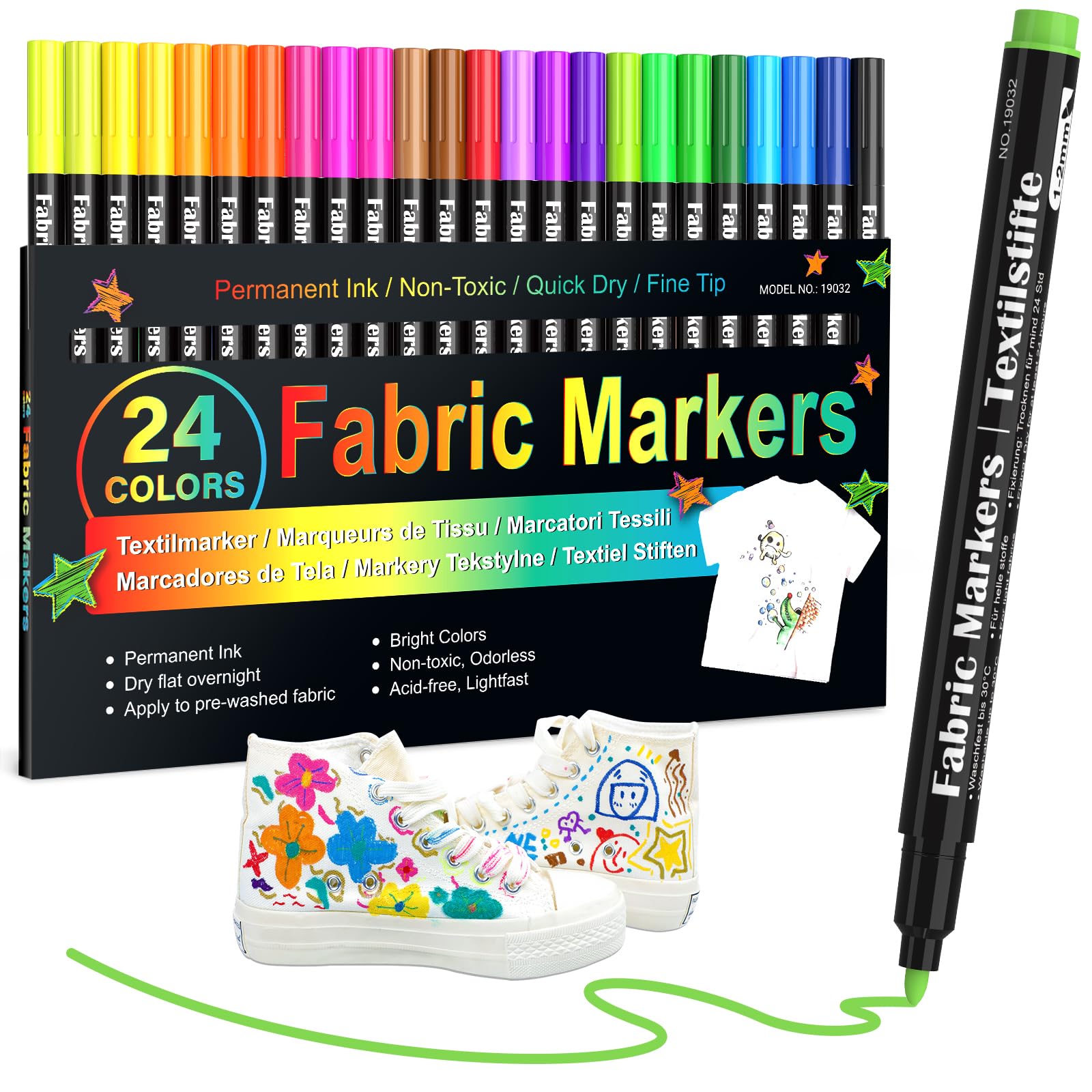 Fabric Markers Permanent for T Shirts, Canvas Bags, Clothing, No Bleed, Fine Tip, Child Safe & Non- Toxic. JR.WHITE Fabric Paint Pens Set of 24 Colors-image-26