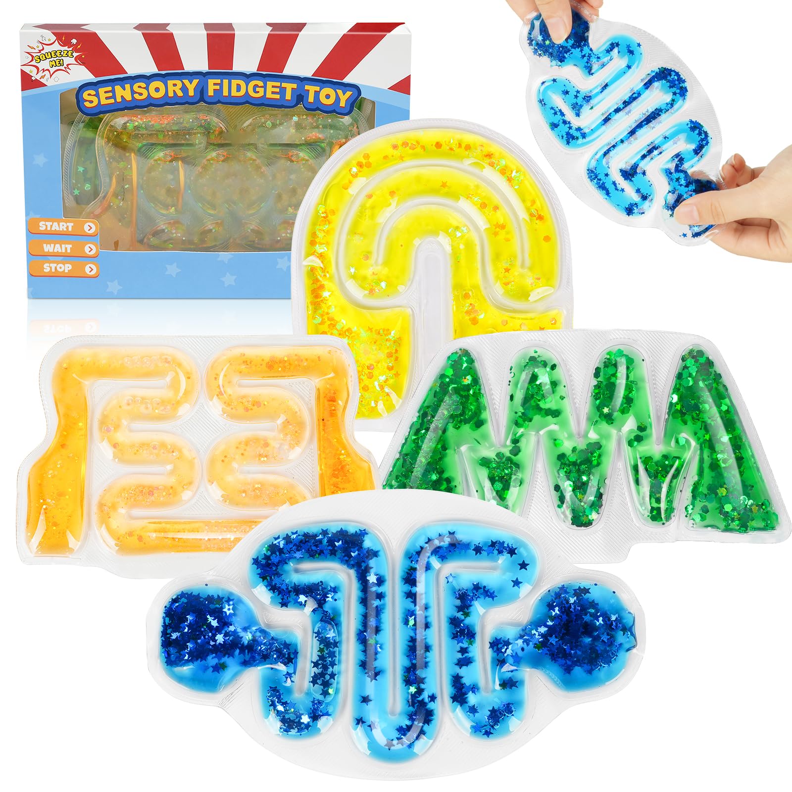 Ainiv Sensory Fidget Maze Toys for Autism, 4 Pack Squishy Sensory Toys for Stress Anxiety Relief, Filled with Colorful Goo, Glitter and Beads, Kids Fidget Toys for Special Needs with Adhd, Autistic
