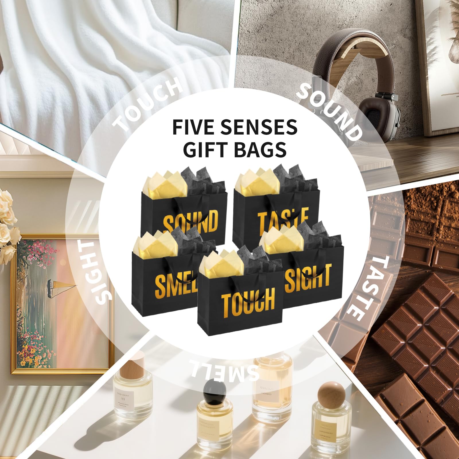 EIiovcnya 5 Senses Gift Bags for Him Her with Labels,Sight Smell Touch Taste Sound Gift Bags with Ribbon Handle,Tissue Paper,Greeting Card for Birthday,Wedding,Christmas,Valentine's Day (Black, 12.6 x 8.7 x 4 Inch)
