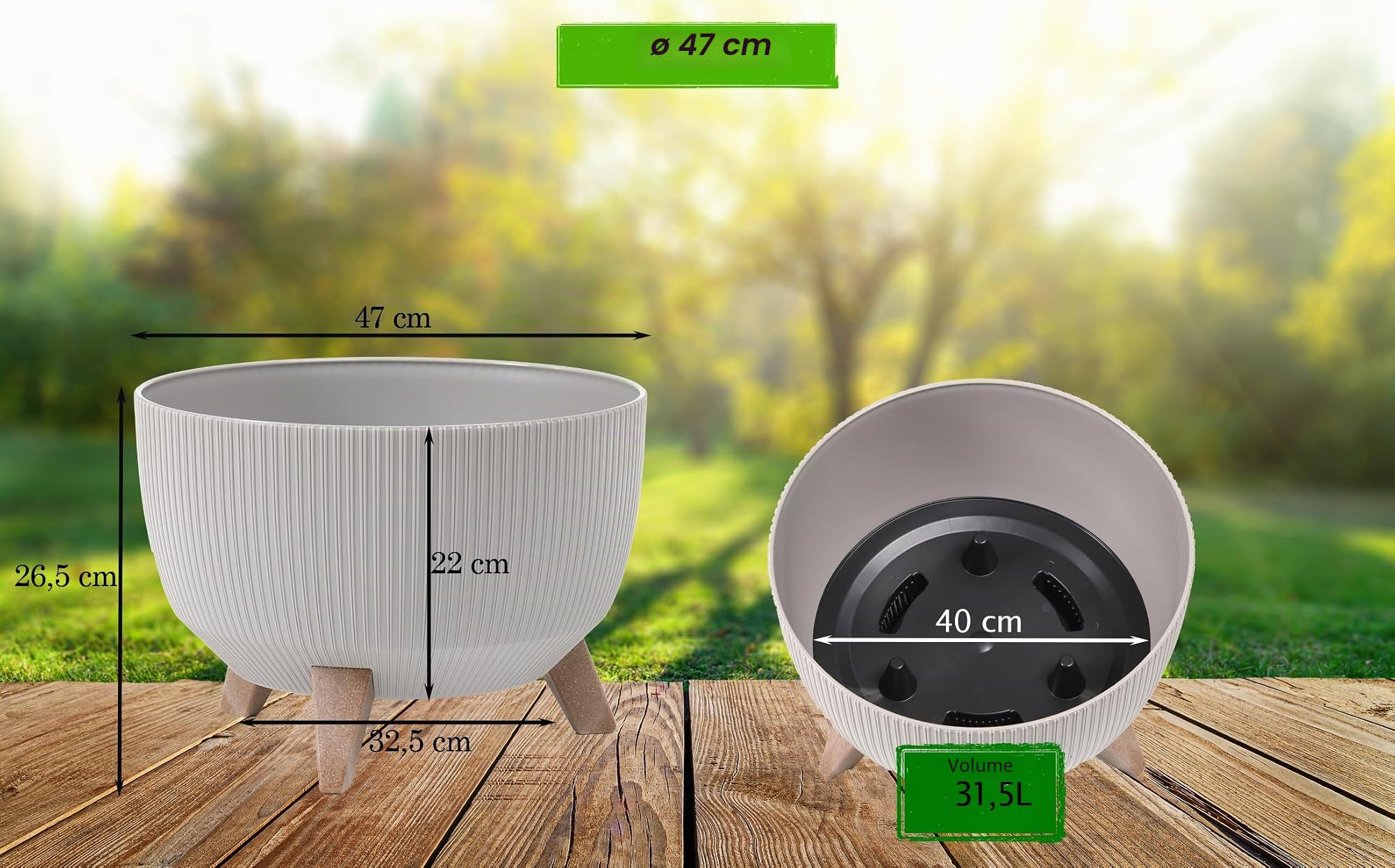 Tymar Vaso per rinvaso grande con piedistalli, vaso per fiori da esterno, vaso grande per fiori, vaschetta per fontana solare, vaso rotondo da terrazzo_Roma ((2pack) Beige; ø 47 cm)