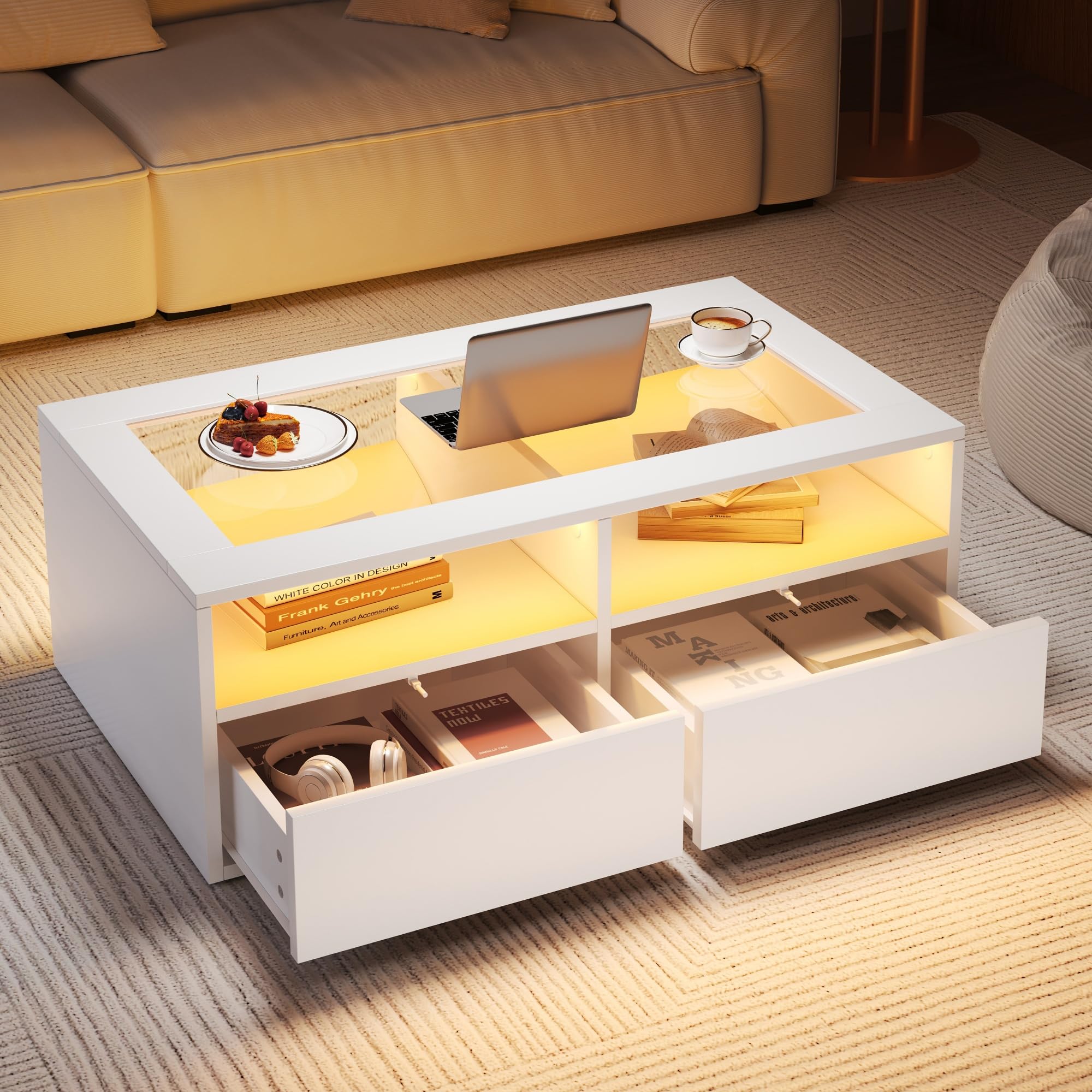 ModernLuxe Coffee Table with LED, White Glass Coffee Table with 2 Drawers & Open Storage, Modern Centre Table, Sofa Side Table & Coffee End Table for Living Room & Office,100 x 50 x 35 cm — image 1