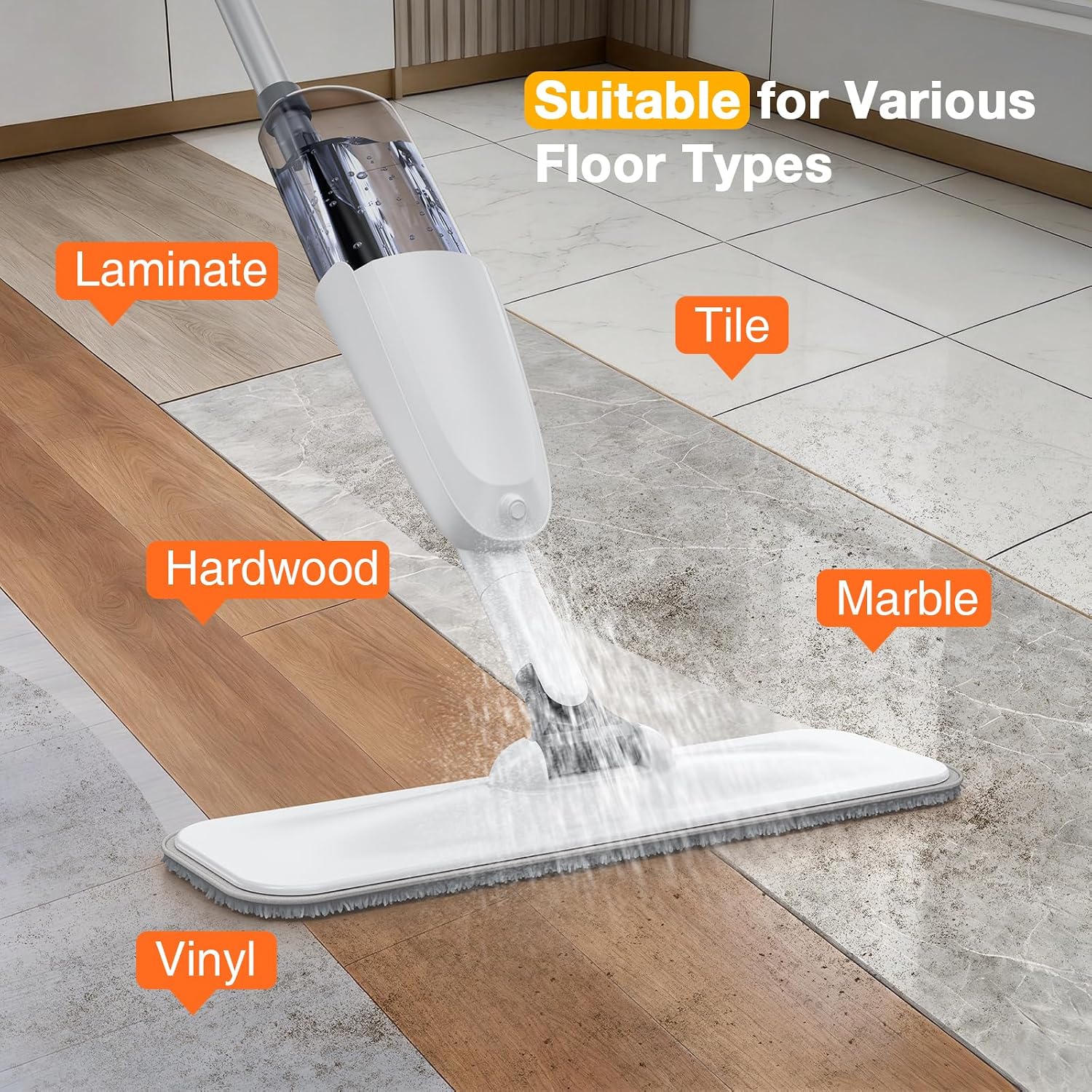 Spray Mop for Floor Cleaning, 500ml Water Tank, 3 Washable Reusable Pads, 360° Rotation Head, Wet Dry Spray Mop for Tile, Hardwood, Laminate, Vinyl & Marble Floor (Clean White)