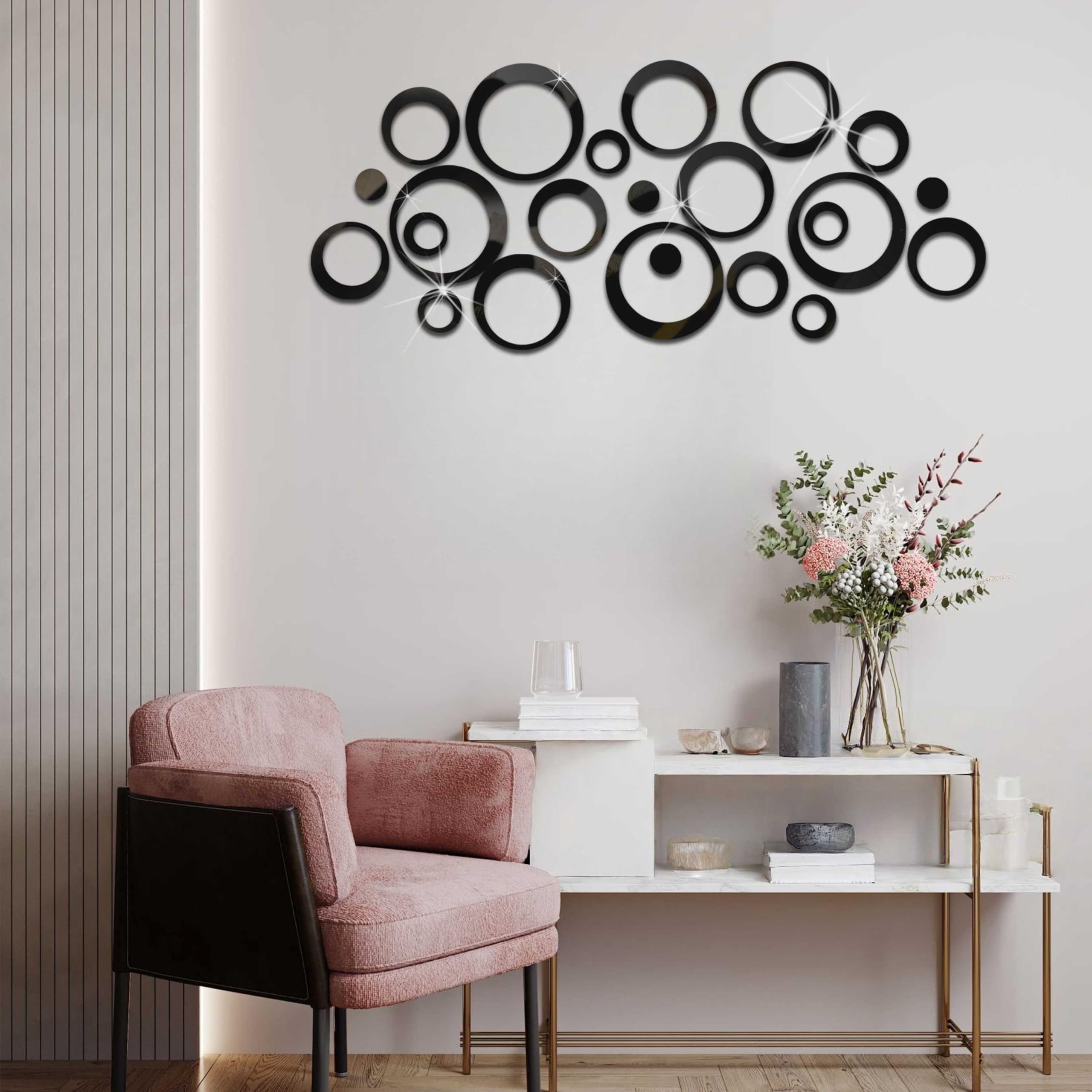 24 Pezzi Adesivi Murali Cerchio di Cristallo 3D. Acrilico Specchio Adesivi Murali Camera.Adesivo da Parete Rotondo per Camera Soggiorno Decorazione DIY Casa Colore Nero - 4