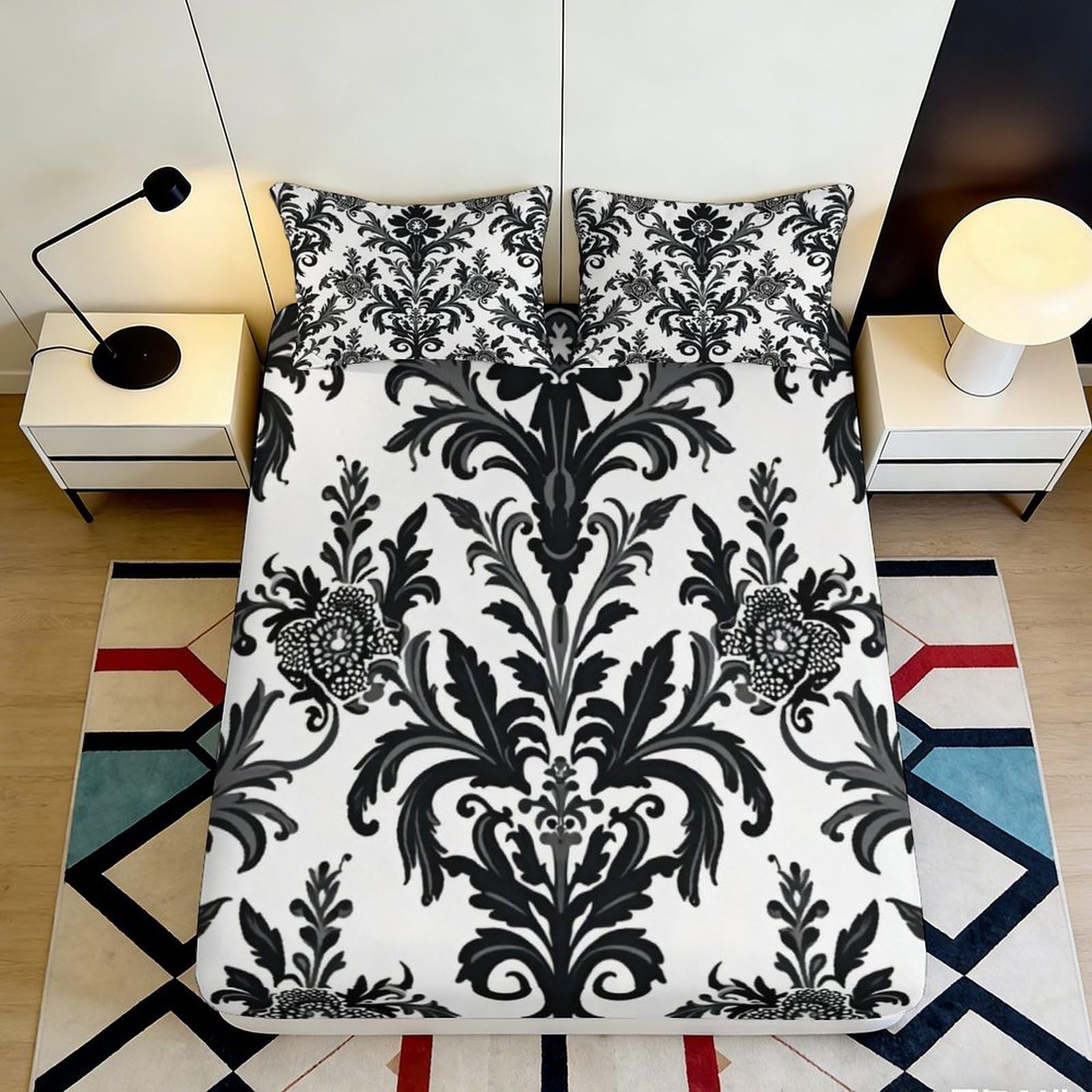 3D Printed Baroque Floral Fitted Sheet Microfiber Soft Breathable Damask Bed Cover for Bedroom Guest Room Decor 160x200x25cm