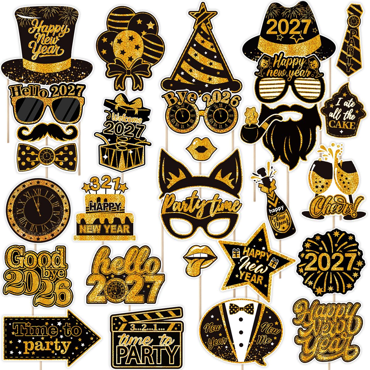 2026 New Year Photo Booth Props, Kaluofan 30PCS Black Glod New Years Eve Decorations 2026, Funny Photo Props Hat Glasses Fireworks Champagne Clock Decorations for New Years Eve Party Supplies