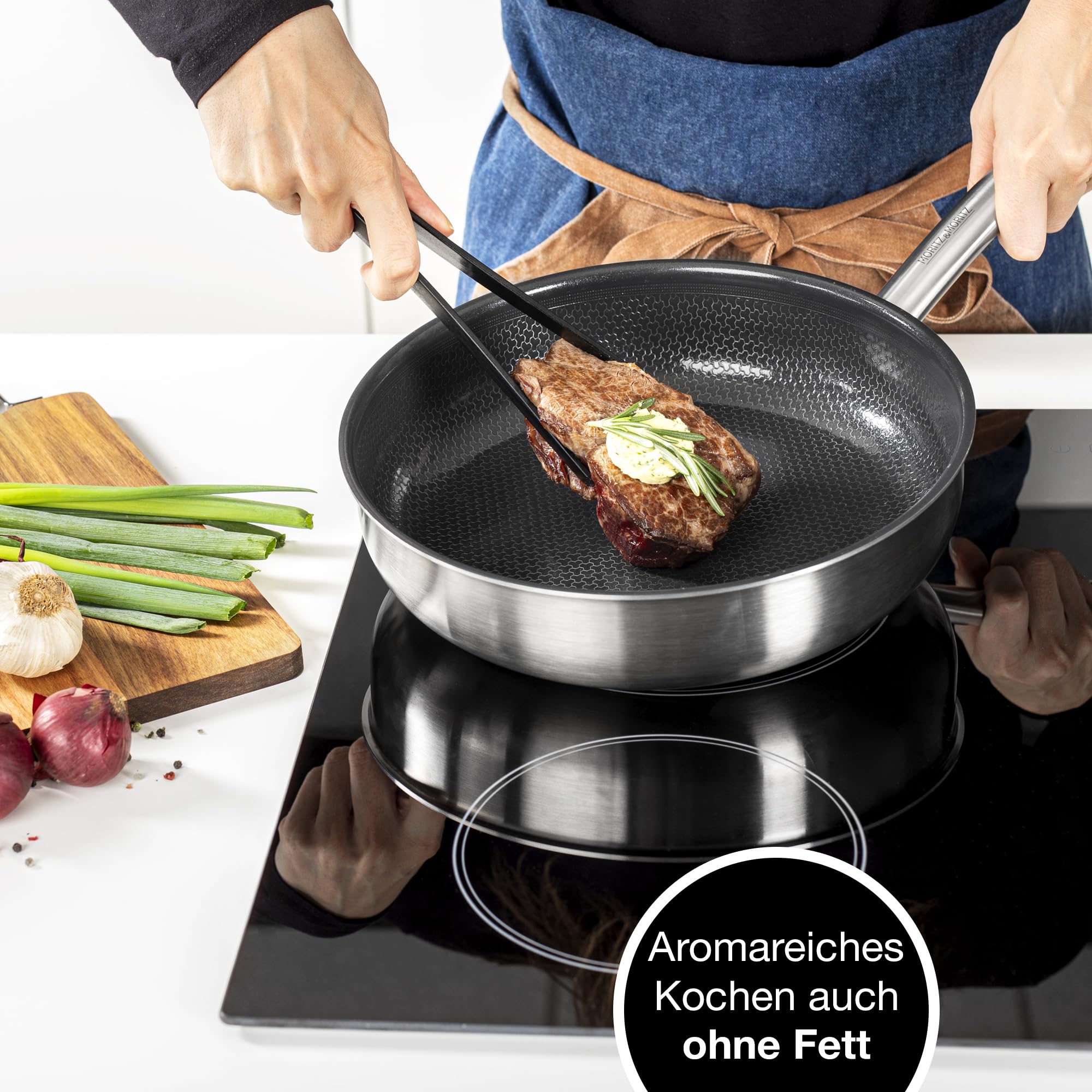 Moritz & Moritz Antihaft Pfanne 28 cm Induktion - Bratpfanne 28cm mit Keramikbeschichtung & Wabenstruktur - Edelstahlpfanne mit hohem Rand - Ideal für alle Herdarten & zum Kochen, Braten, Schmoren