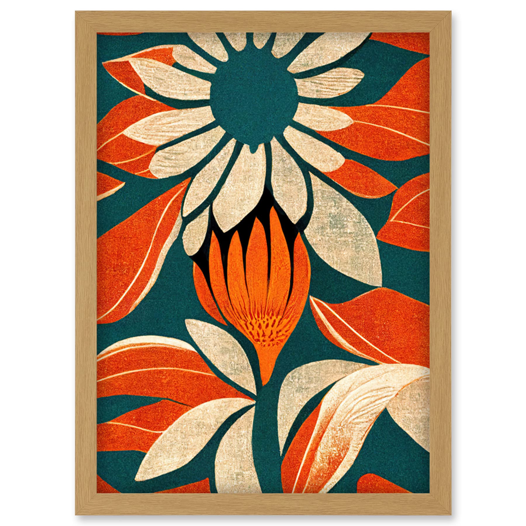 Doppelganger33 LTD Flower Design Teal Orange Abstract Linocut Artwork Framed Wall Art Print A4