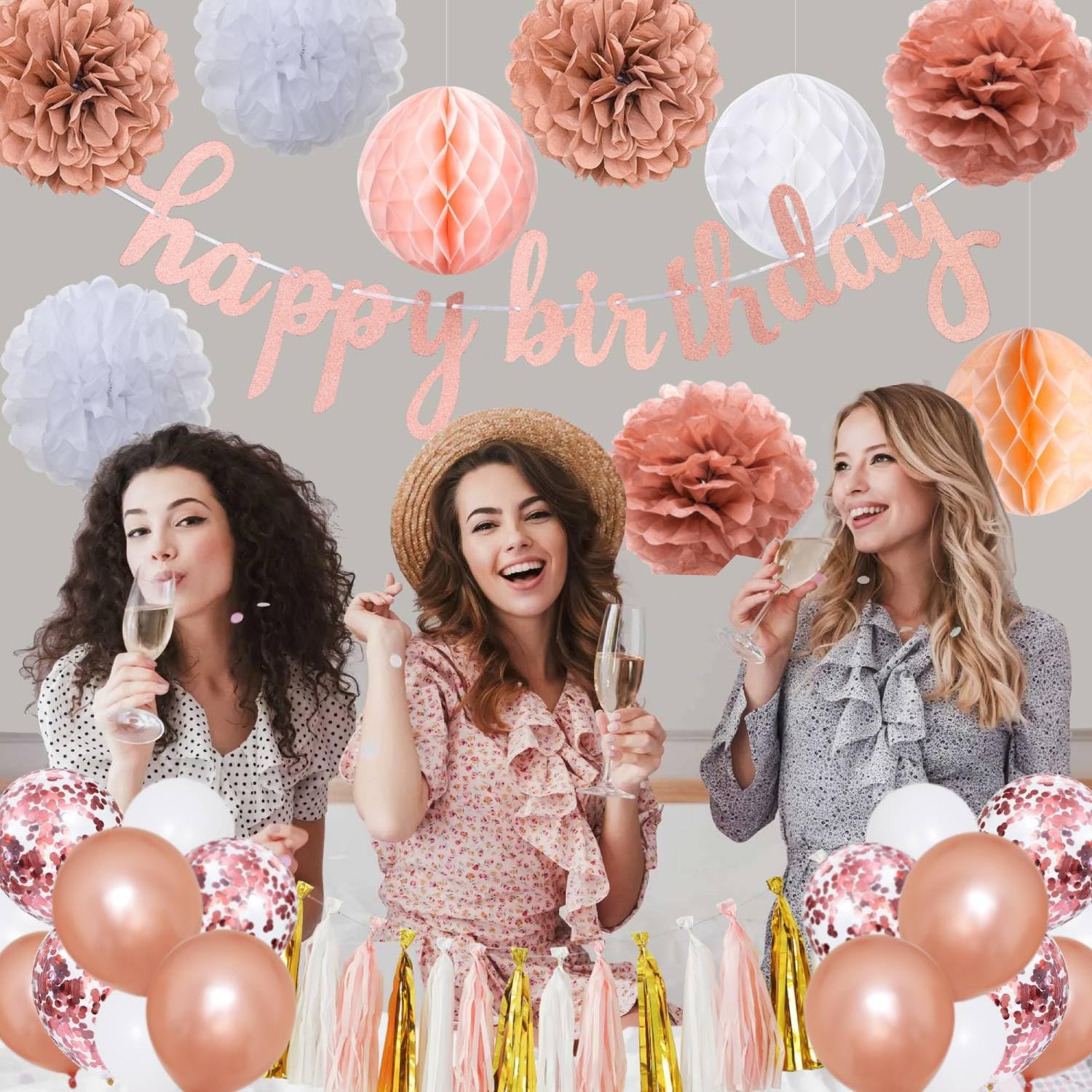 Pink Rose Gold Birthday Party Decorations Set - Rose Gold Glittery Happy Birthday Banner, Tissue Paper Pom, Circle Dots Garland, Tassel Garland, Confetti Balloons