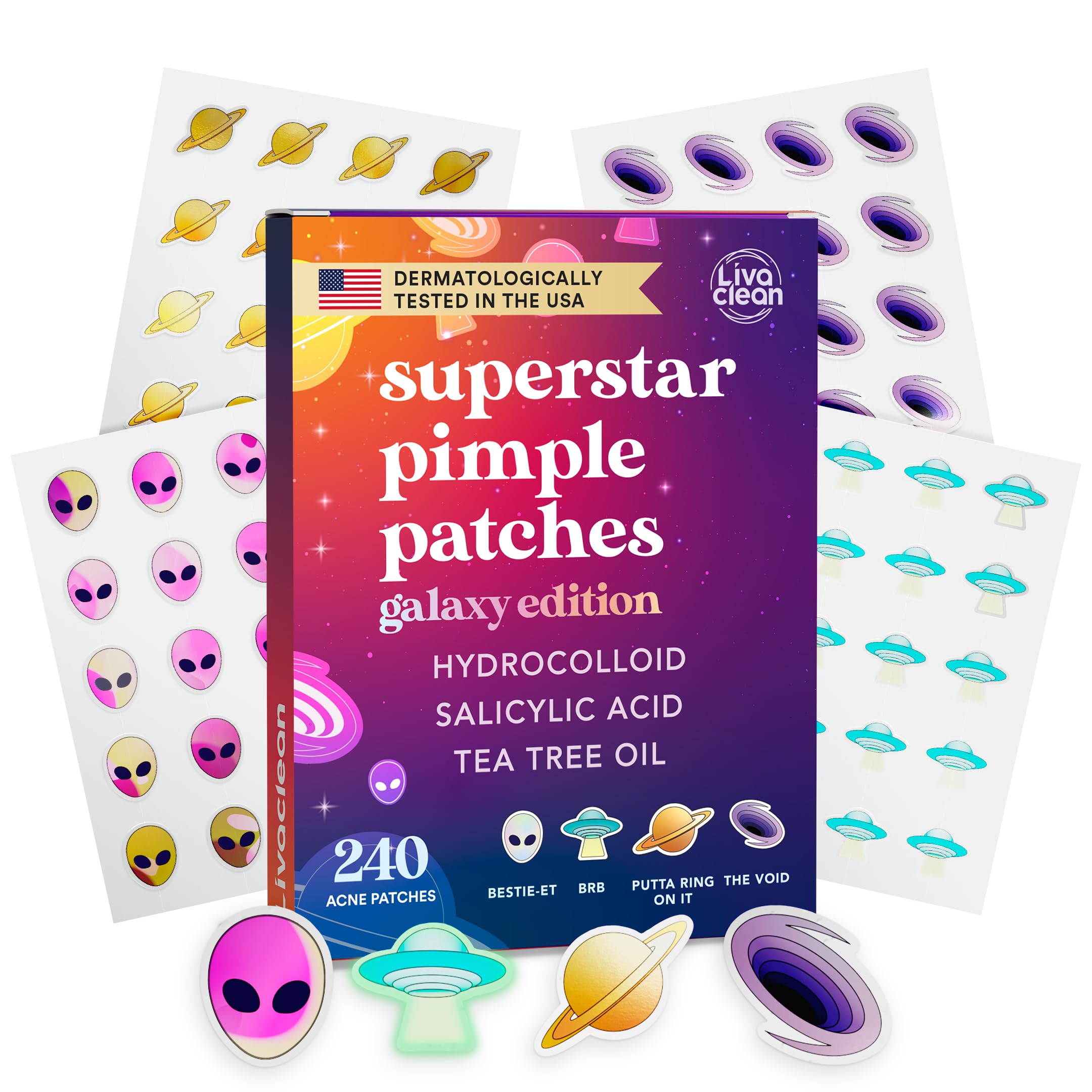 LivaClean 240 CT Superstar Pimple Patches Galaxy Edition w/Salicylic Acid & Tea Tree Oil - Pimple Patches Cute, Acne Patch for Face, Hydrocolloid Acne
