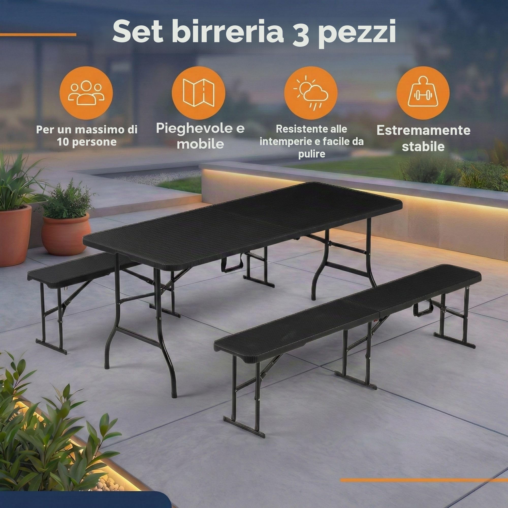 ALBATROS Set per tende da birra, pieghevole, 3 pezzi, stabile, 300 kg e 2 panchine da birra da 500 kg, set da tavolo da birra per 10 persone, tavolo da campeggio all'aperto, tavolo da birra da 182 cm