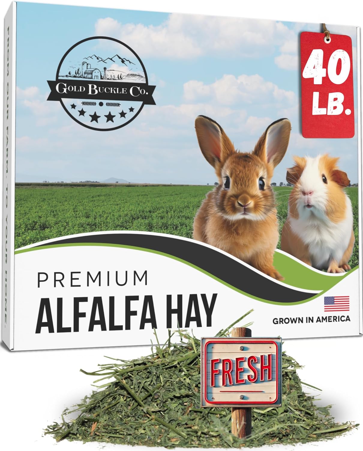 40lb Package Freshly Dried Organic Alfalfa Hay for Guinea Pigs, Rabbits, Chinchillas, Goats, Hamsters & Ferrets, Small Animal Food Rich in Protein & Fiber, Hand-Selected, USA Grown