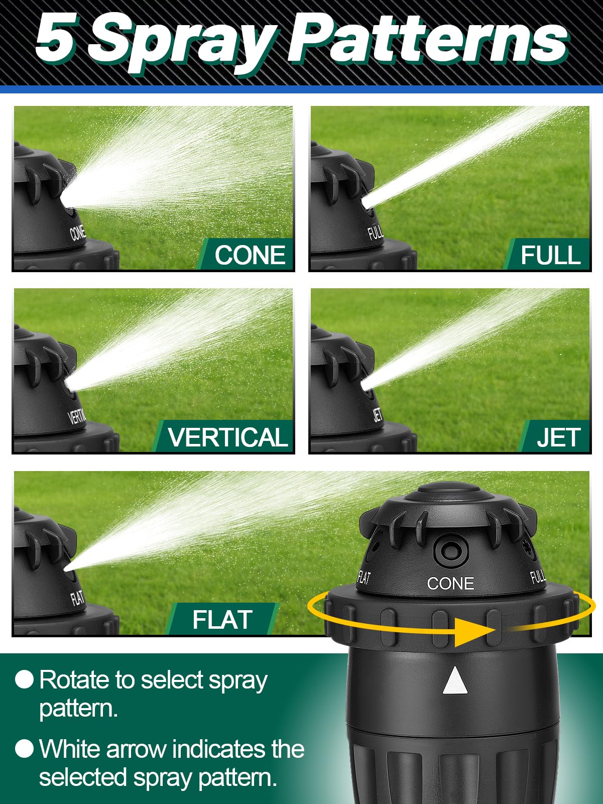 Irrigatori regolabili per cortile, robusti picchetti in lega di alluminio e 5 modalità di spruzzo, sistema di irrigazione efficiente per giardini di medie dimensioni e terreni irregolari, confezione