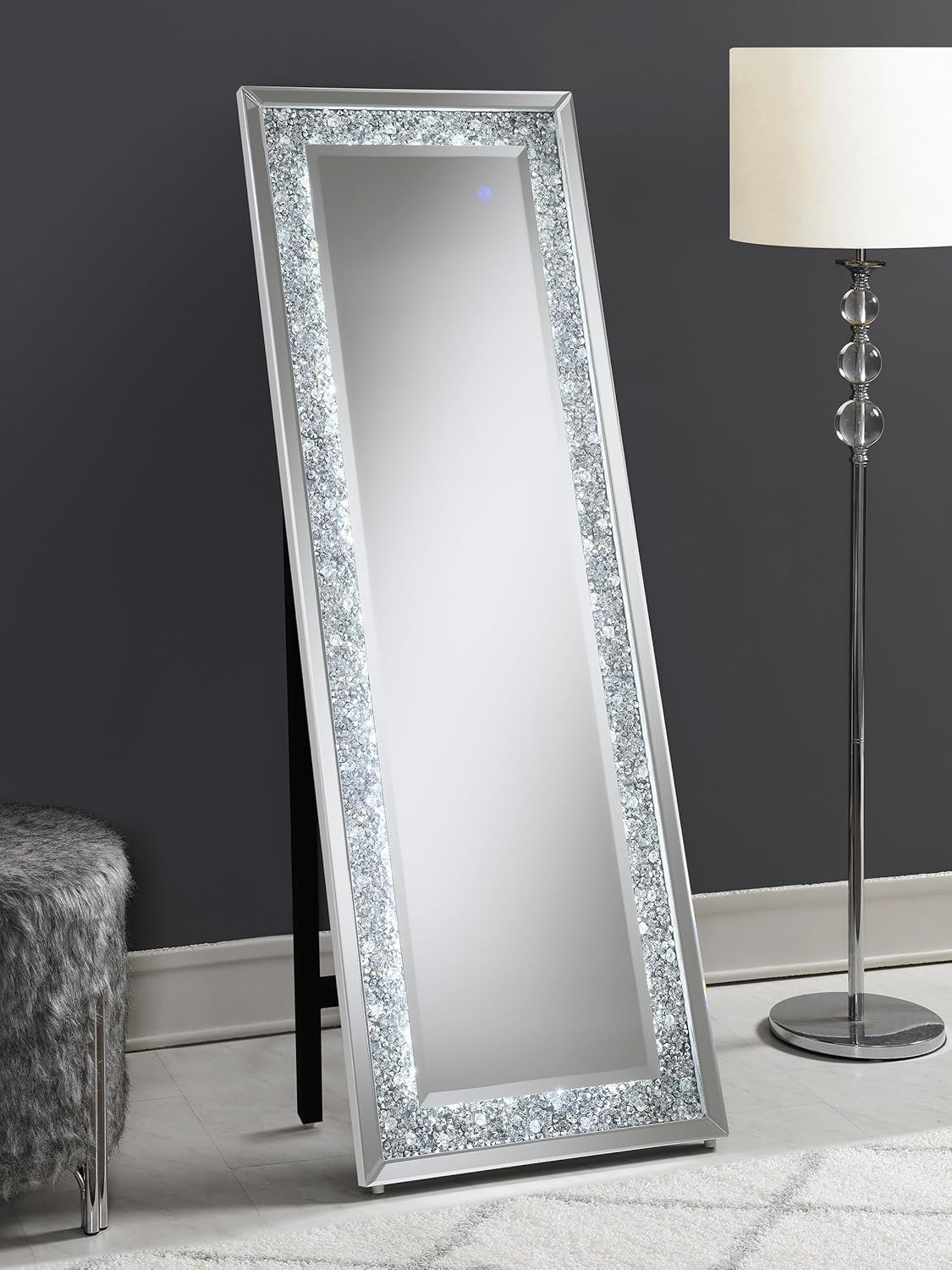 Coaster Home Furnishings Rectangular Full Length Standing Floor Mirror for Bedroom or Entryway with LED Lighting Acrylic Crystal Inlay Silver 961427