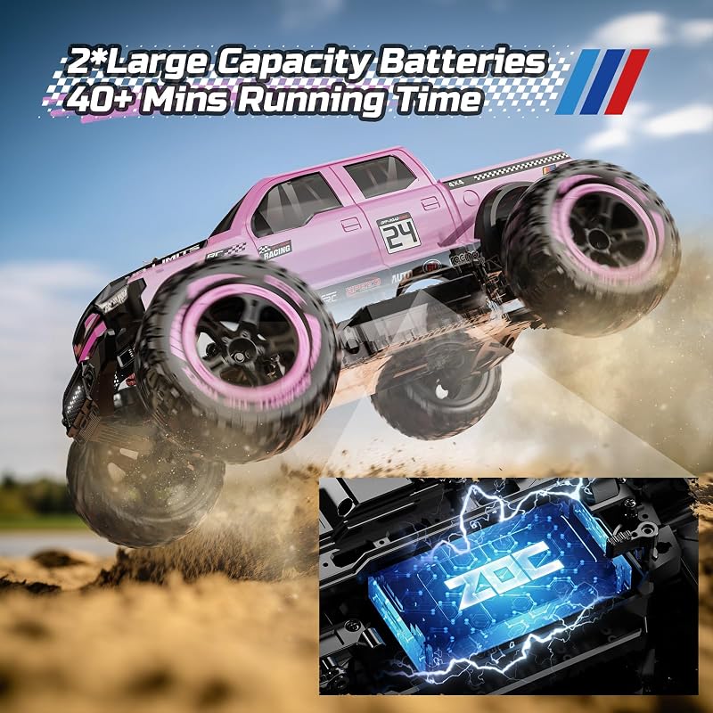 DEERC 1:10 4X4 RC Monster Truck 48km/h Rózsaszín Terepjáró 2 Akkumulátor