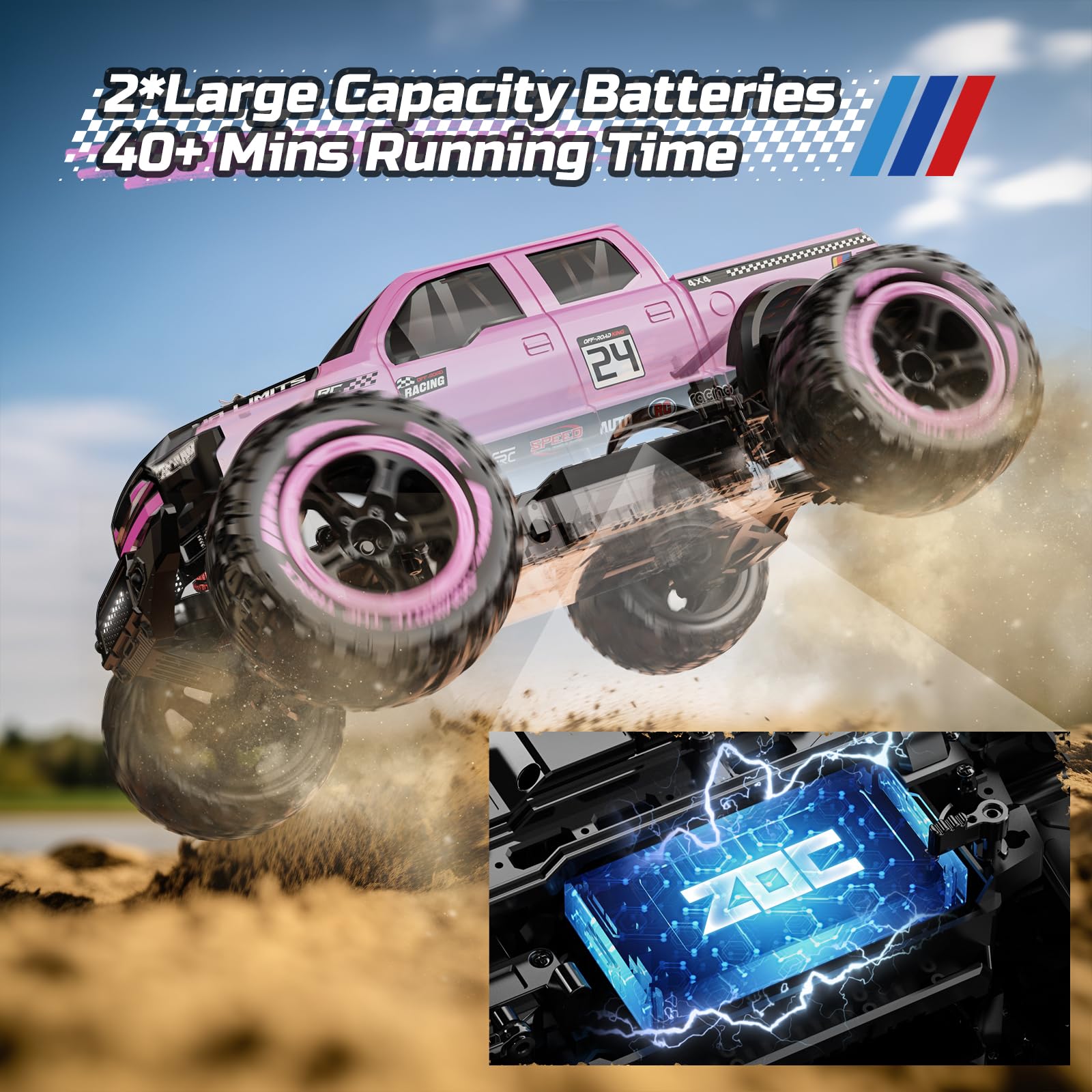 DEERC 1:10 Coche Teledirigido Rápidos para Adultos, Monster Truck 4x4 a Control Remoto, RC Coche 48+ km/h, Todoterreno de Alta Velocidad, Color Rosa, con 2 Baterías Modulares, Regalo para Niños