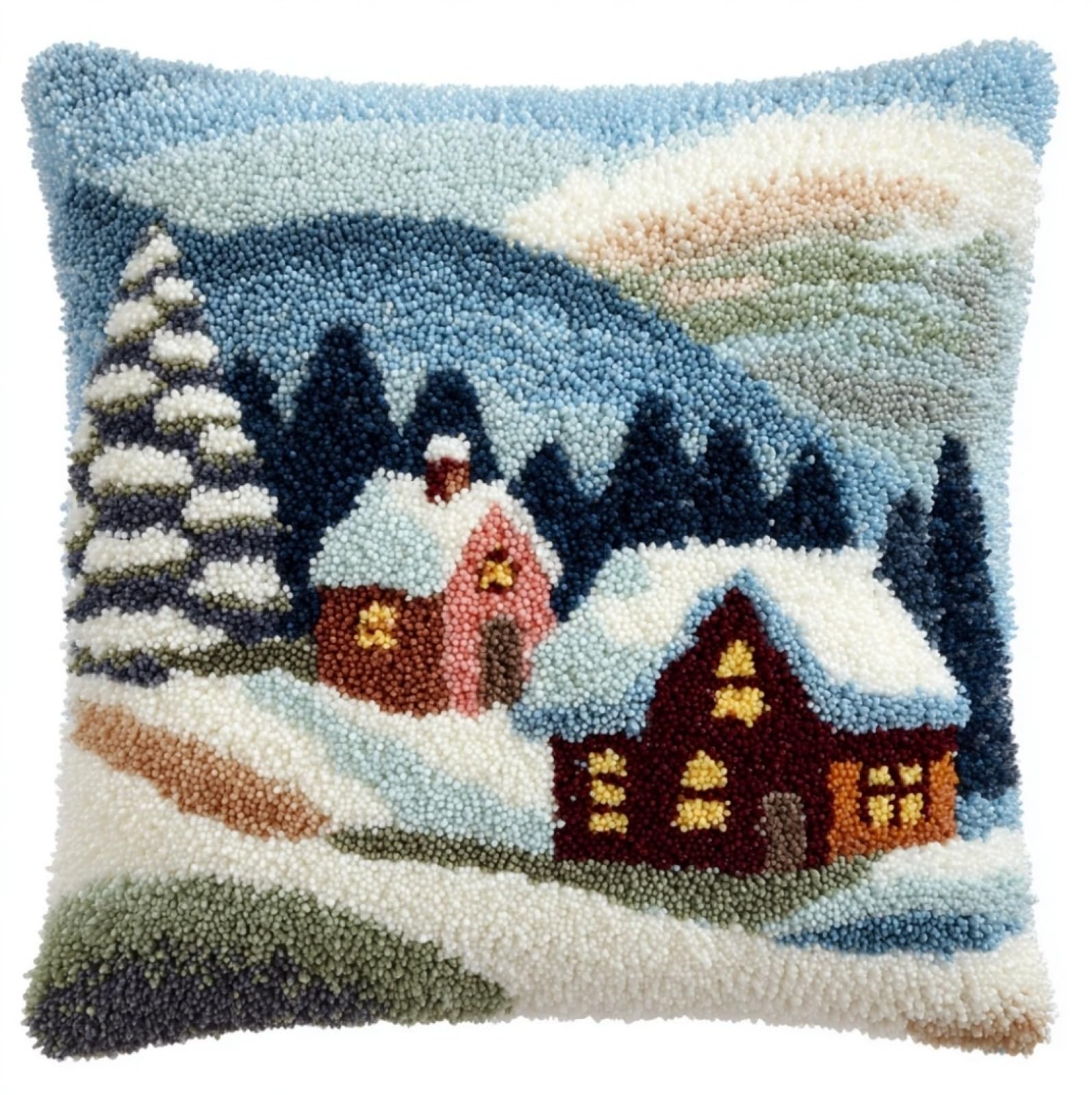 WallustrioaW Latch Hook Kits Printed Cushion,Snow Scene Cabin