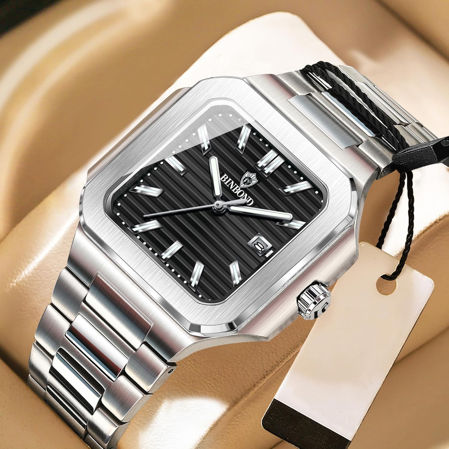 Mens Square Quartz Watch Analog Dial with Date - Image 3