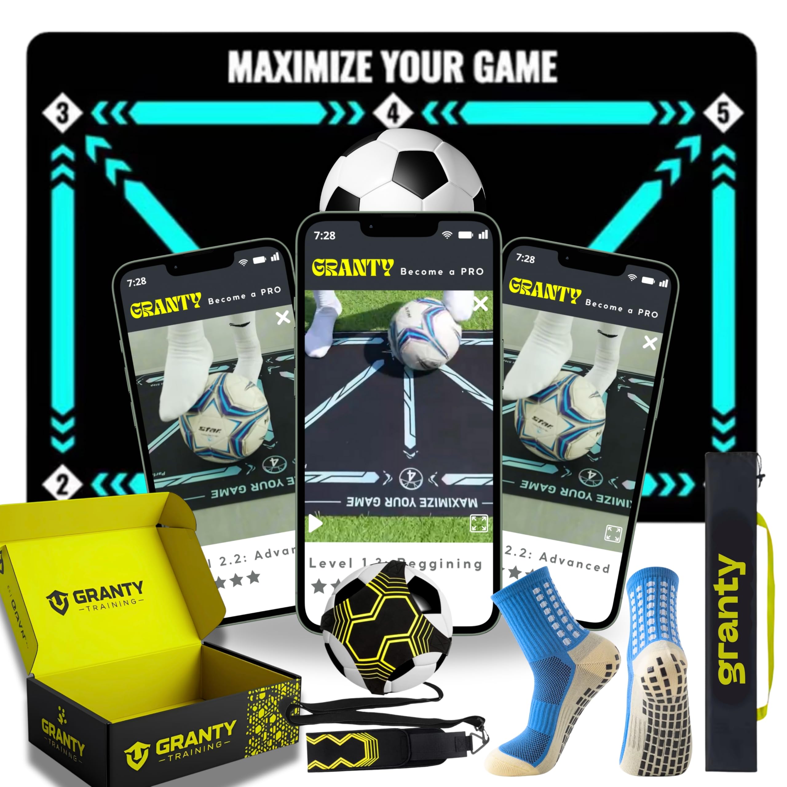 GRANTY Tappeto Allenamento Calcio con APP- Include Kick Throw, Calzini, Borsa e APP video - Allenamento Calcio - Tappetino allenamento calcio
