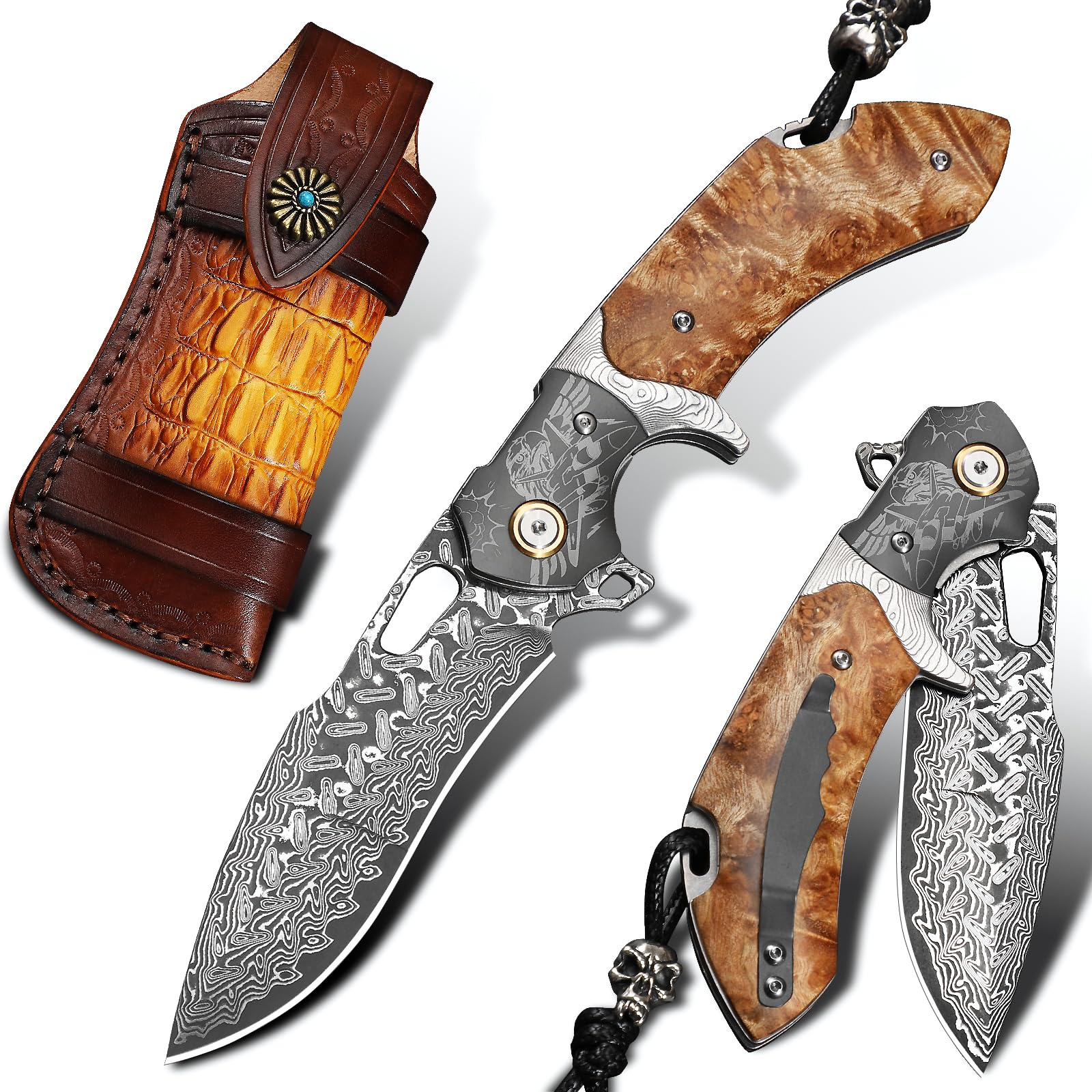 Handgefertigtes Klappmesser aus Damaszenerstahl, EDC-Messer für Herren, komplett mit Lederscheide und Taschenclip. Taschenmesser für Outdoor-Camping, Wanderungen，Bergsteigen und Jagd