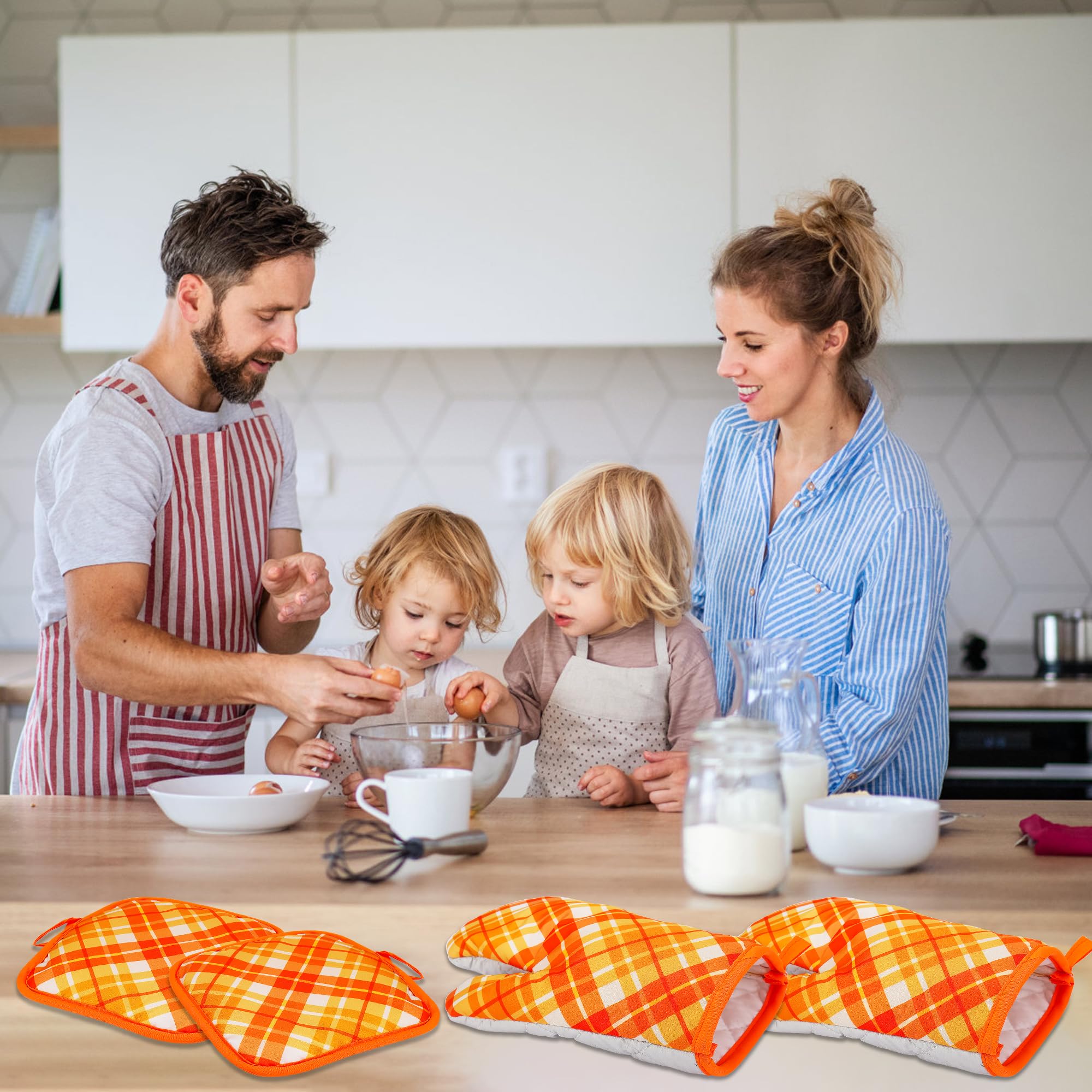 Juego de 4 manoplas de horno y soportes para ollas de otoño, Acción de Gracias, otoño, a cuadros, guantes de horno y agarraderas, resistentes al calor, guantes de cocina antideslizantes para 6