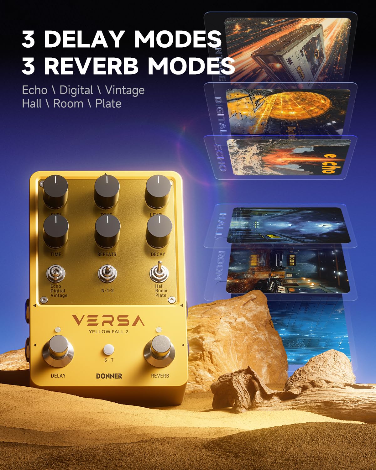 Donner Guitar Reverb & Delay Pedal - 2 in 1 with Tap Tempo, Preset Saving, Stereo in/out, Digital 3 x 3 Multi-Mode Effects Electric Guitar Pedal, True Bypass (Yellow Fall II)