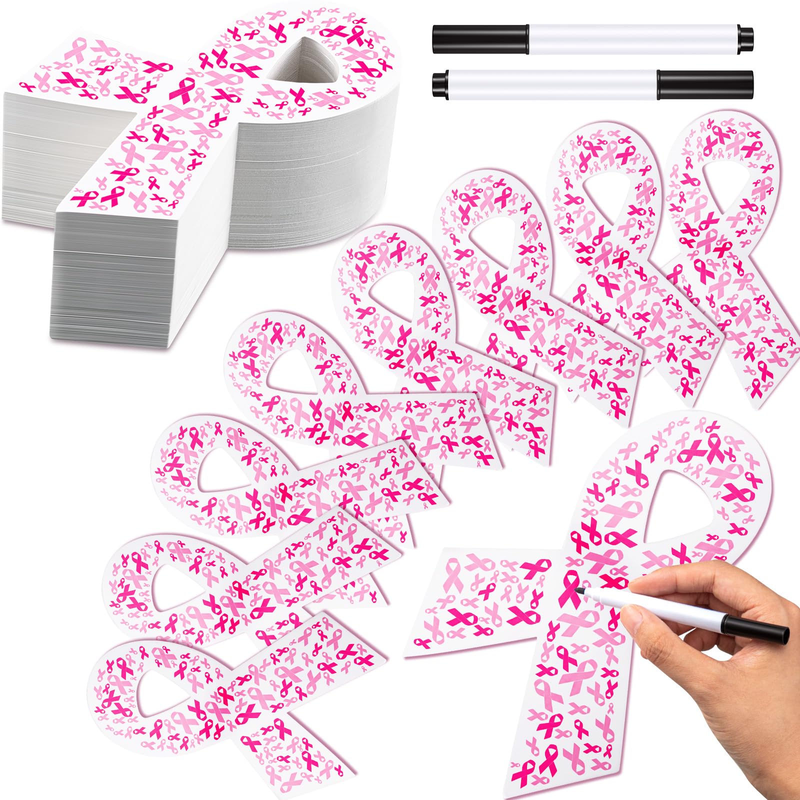 Photo 1 of Cholemy Breast Cancer Awareness Ribbon Cutouts, Large Pink Paper Ribbons 7.9 Inch with Mark Pens for Women Girls Public Charity Event Supplies(200 Pcs)