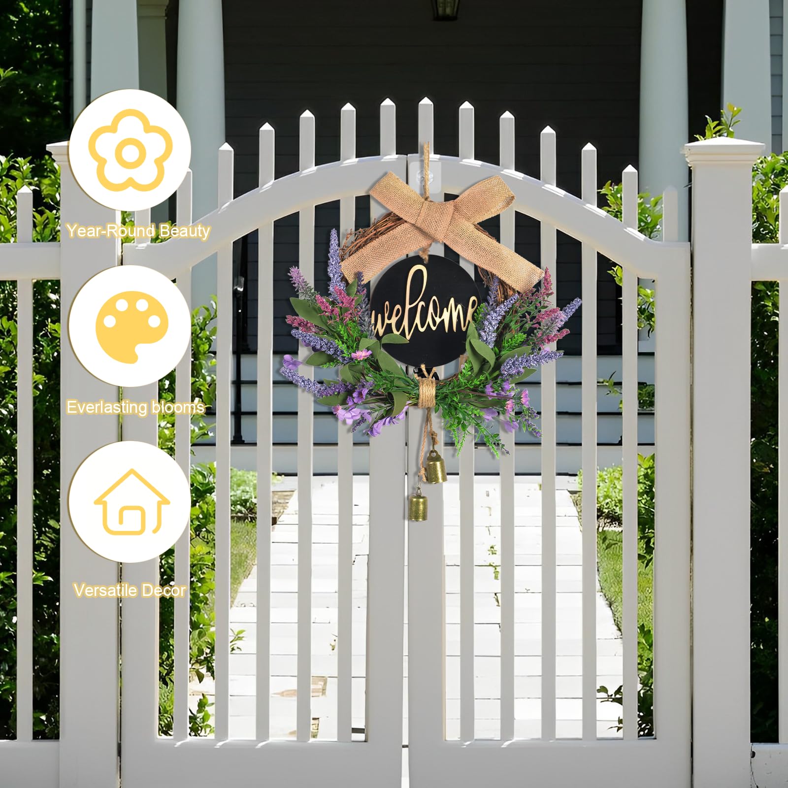 Couronne de Porte Printemps Lavande Artificielle Couronne Porte D'entrée avec Panneau de Journal Welcome, Arcs et Cloches 40cm Décorations de Portes Été pour Portes Fenêtres Clôtures