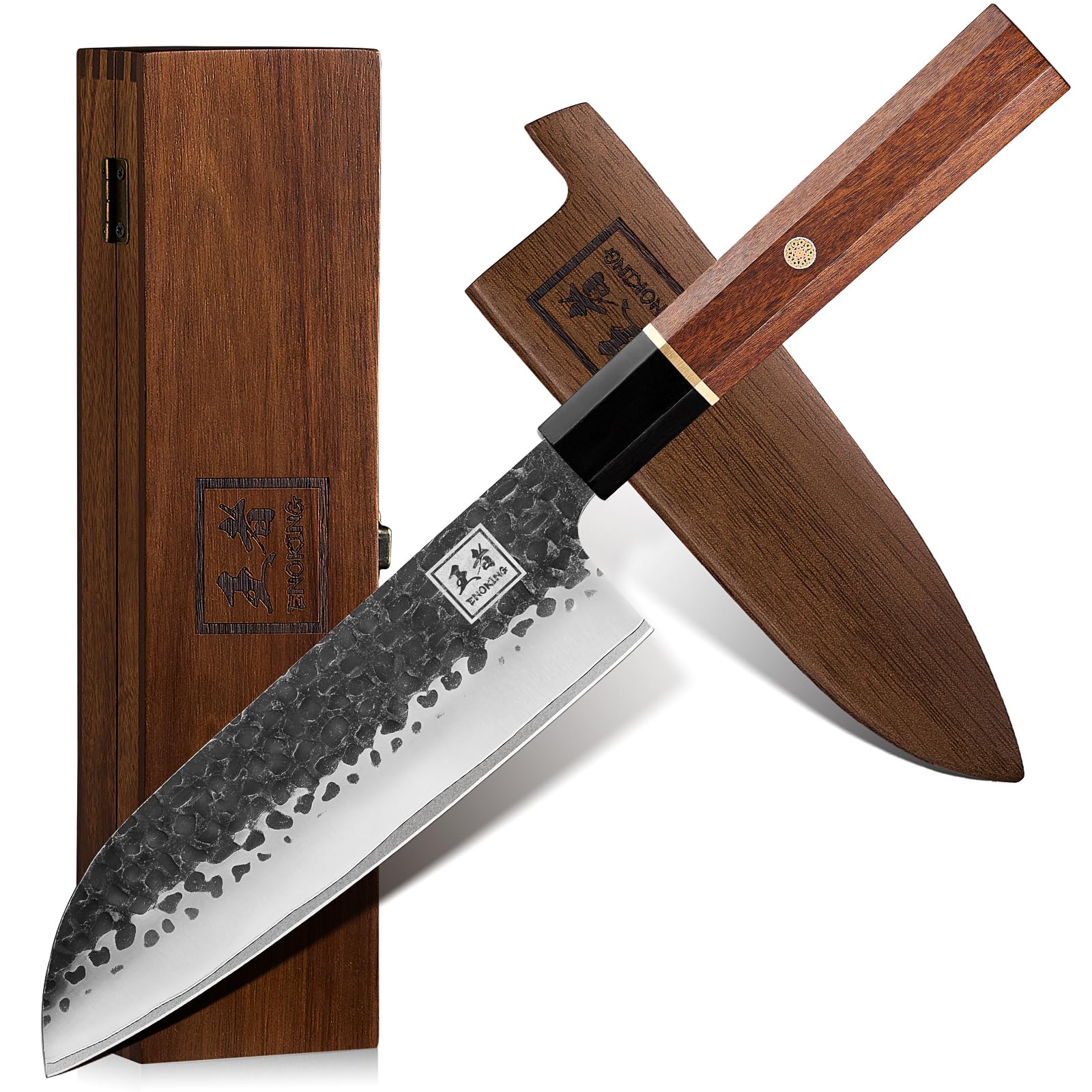 ENOKING Japanese Santoku Knife, 7 Inch Chef Knife 5 Layer 9CR18MOV Clad Steel for Meat Cutting, Super Sharp Kitchen Cooking Knife with Ebony Bolster African Rosewood Handle -Wooden Box