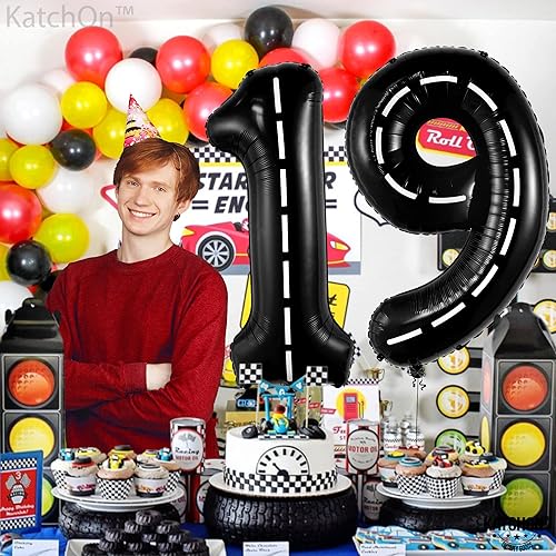 Miniatura 8 de KatchOn, Globo gigante del número 19 de coche de carreras  40 pulgadas  Globo negro de cumpleaños 19  Decoración de cumpleaños de carretera 19