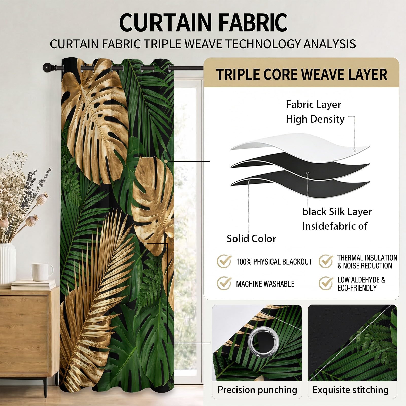 Rideaux Occultant Feuille Plante, Rideaux Occultant Monstera Métallique Tropicale Rideau Thermiques Isolant Anti Froid et Chaleur Rideau à Oeillets pour Salle De Séjour, 2 PCS, 91.5L X 160H cm
